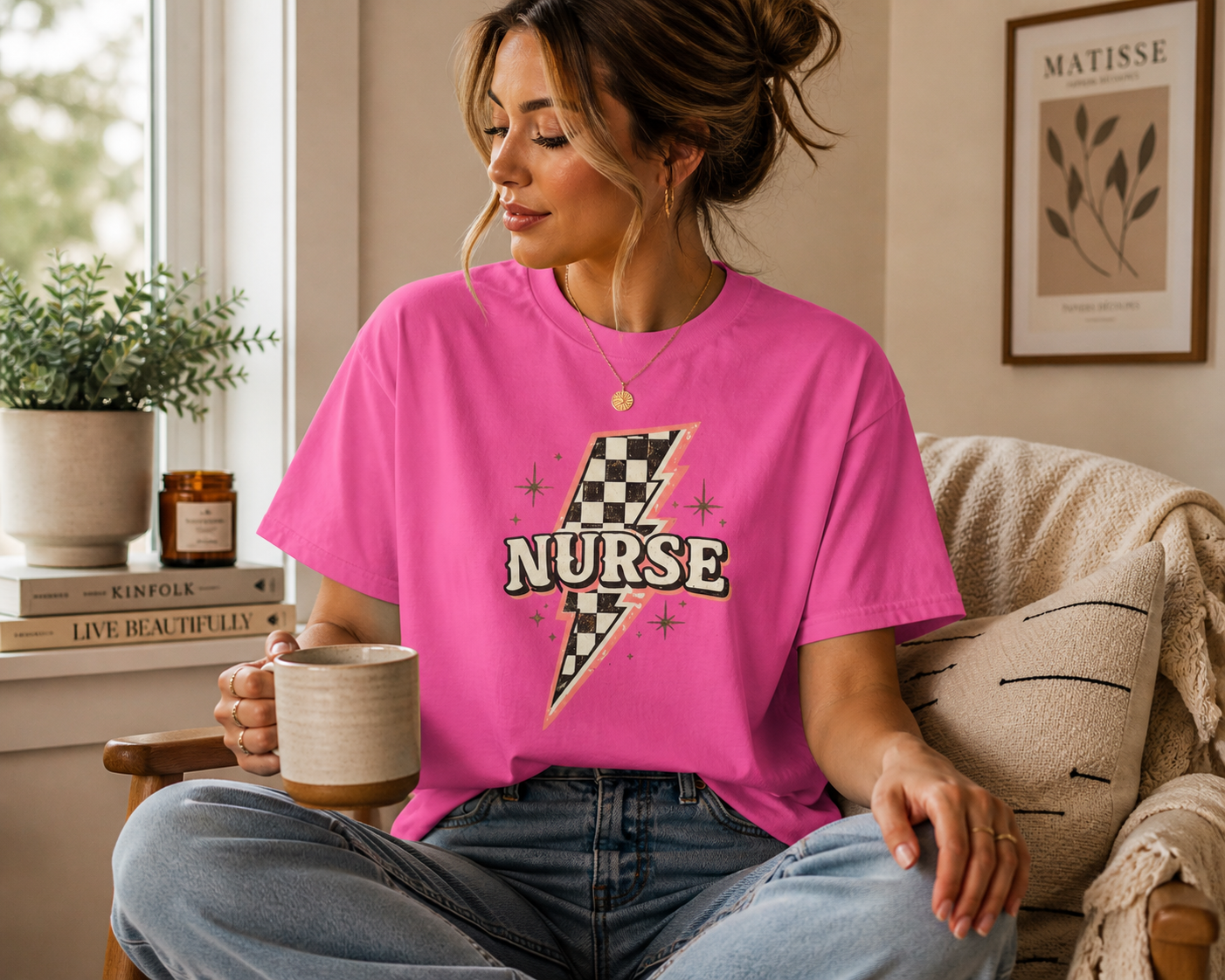 Checkerboard Lightning Nurse T-Shirt | Retro Sparkle Medical Tee