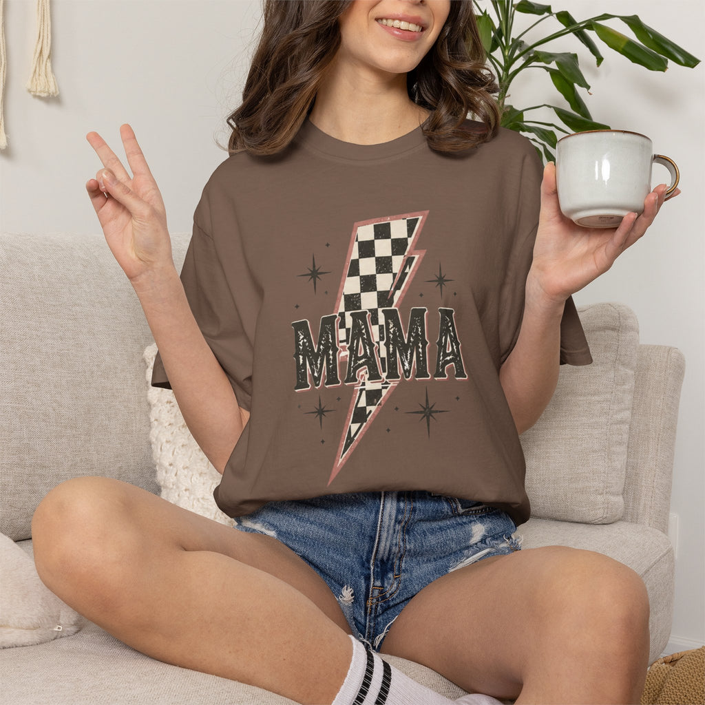 Mama Lightning Bolt Checkerboard T-shirt | Retro Rocker Mama Shirt