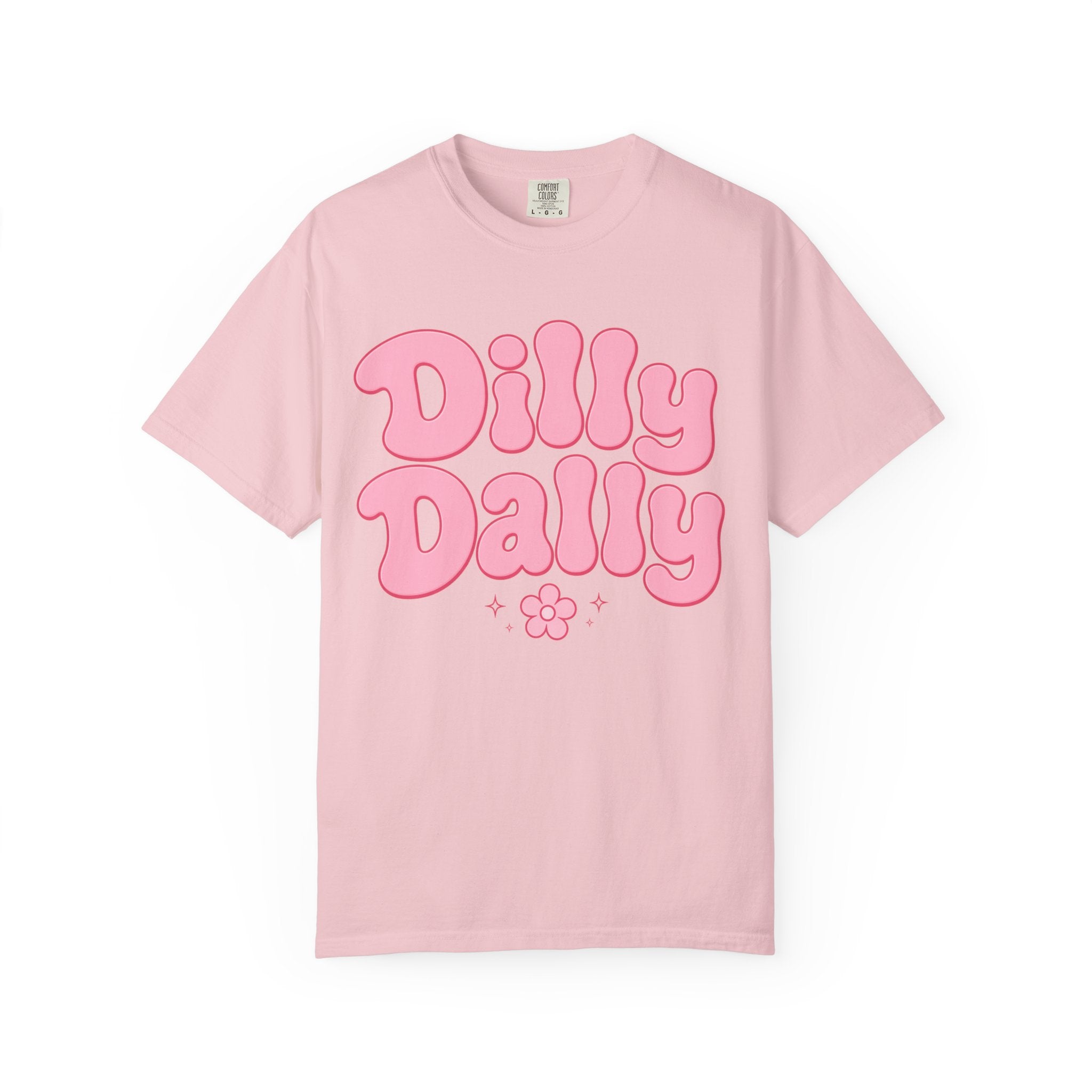 Dilly Dally pink bubble letters T-Shirt | groovy flower retro typography