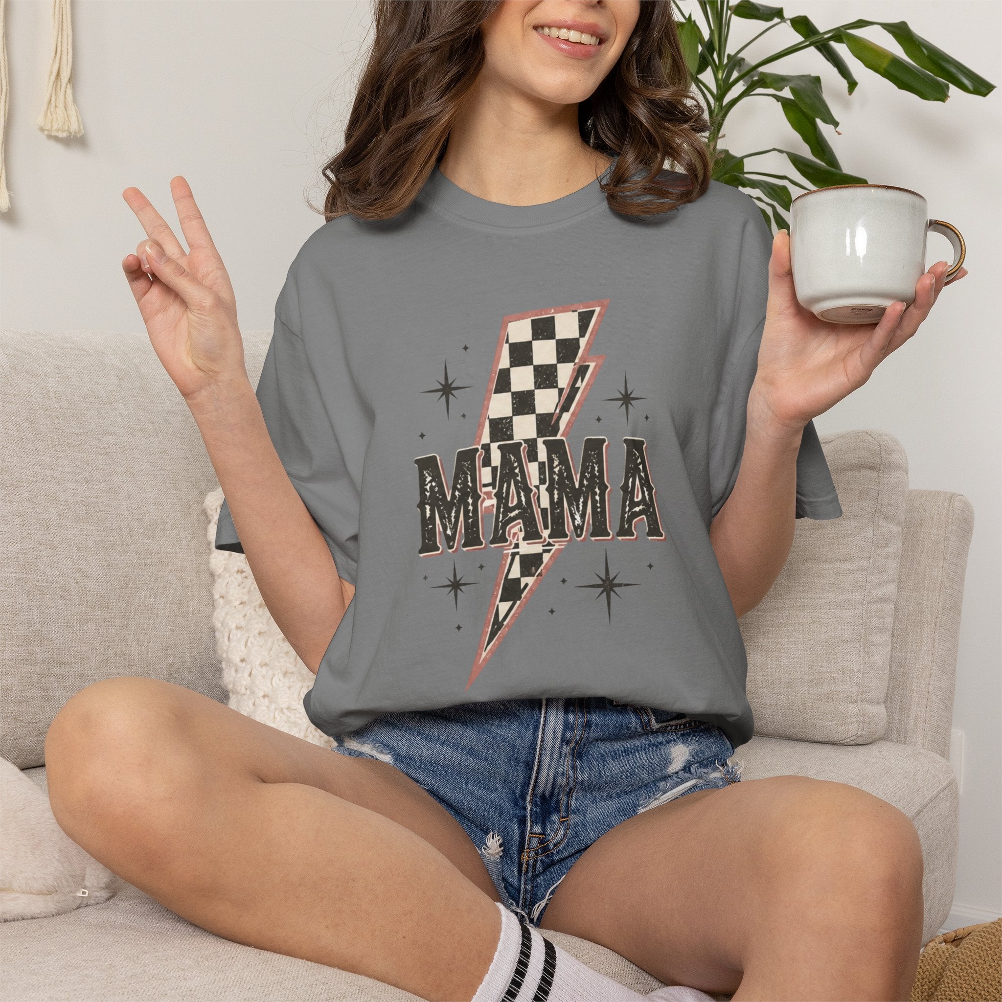 Mama Lightning Bolt Checkerboard T-shirt | Retro Rocker Mama Shirt