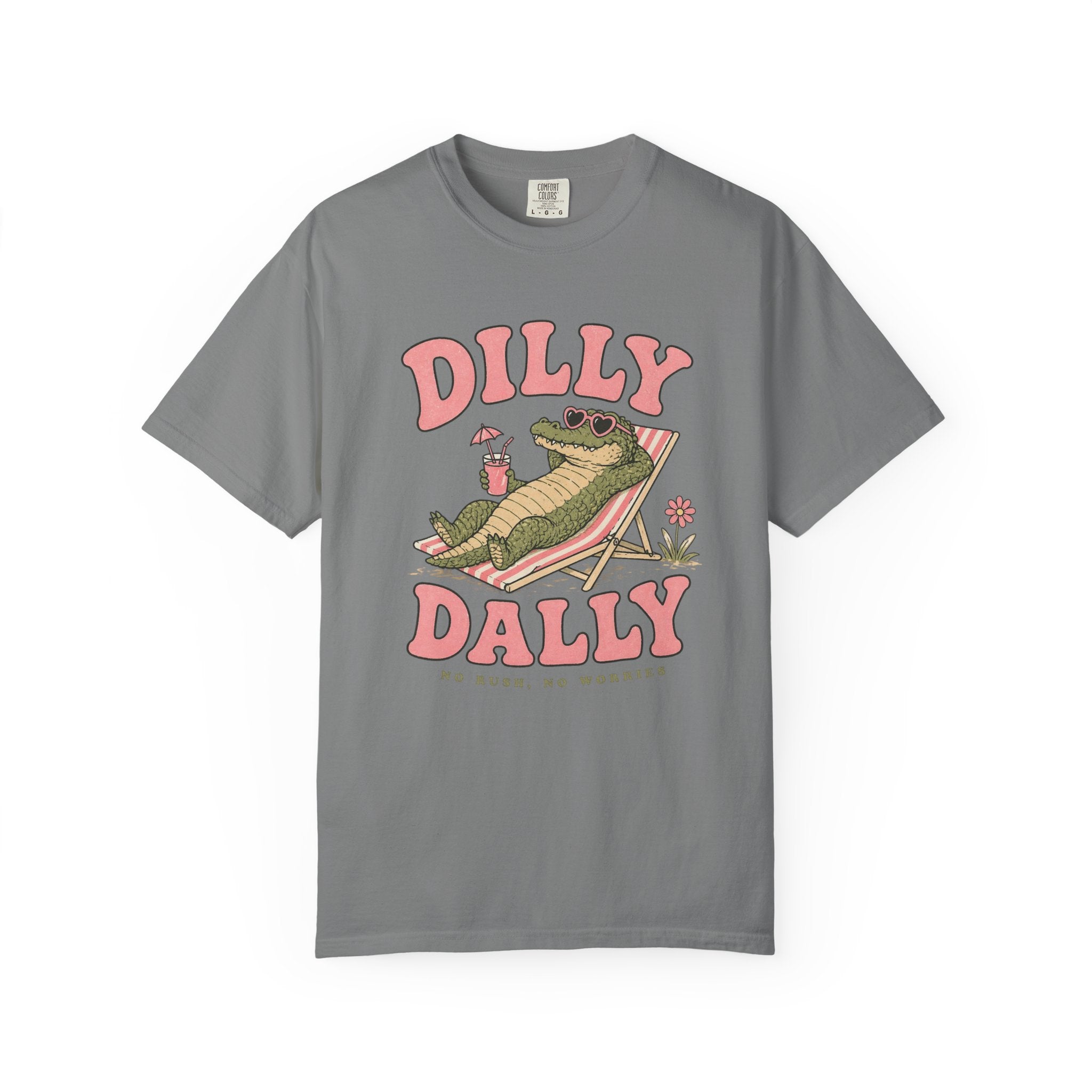 Dilly Dally Alligator Lounge T-shirt | Lazy Summer Palm Drink Graphic