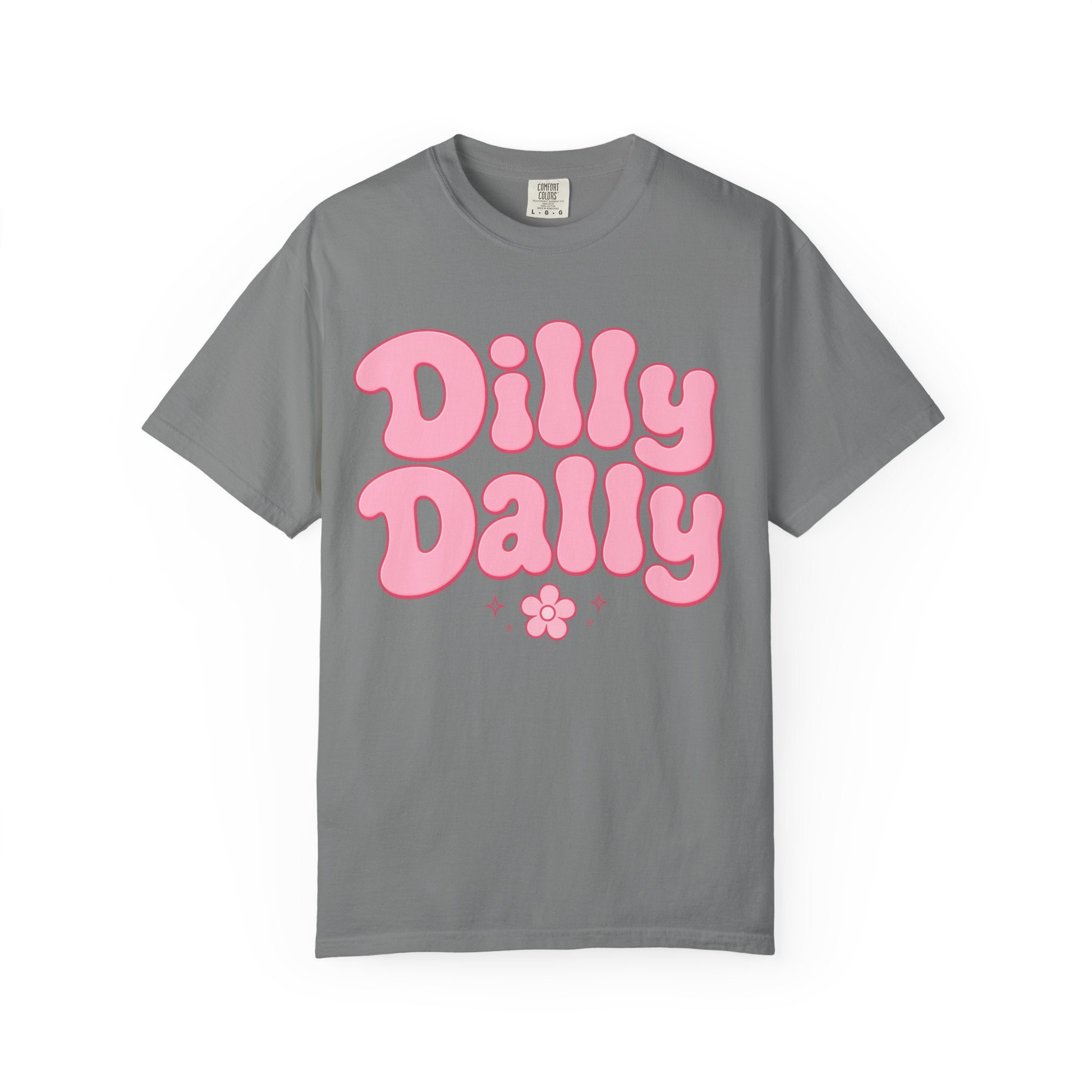 Dilly Dally pink bubble letters T-Shirt | groovy flower retro typography
