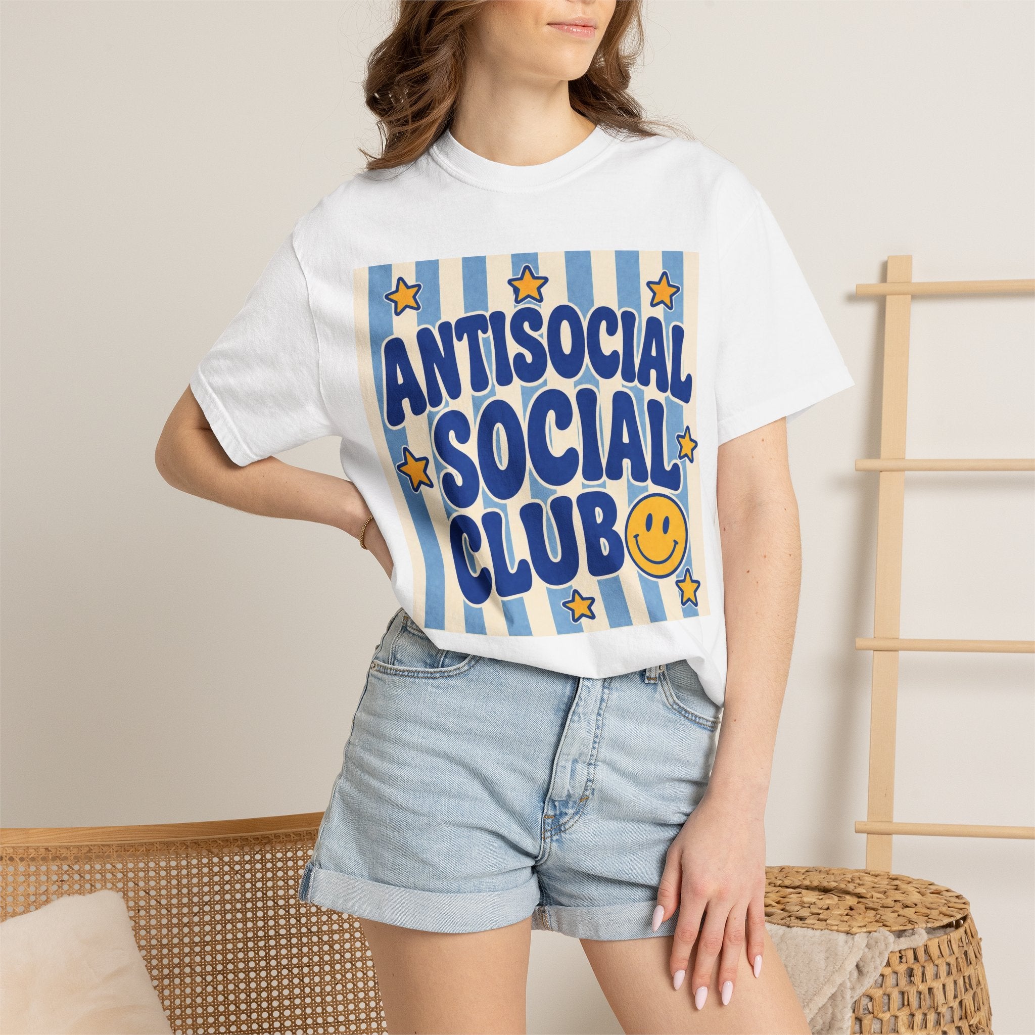 Antisocial Social Club smiley graphic T-Shirt | retro blue stripes