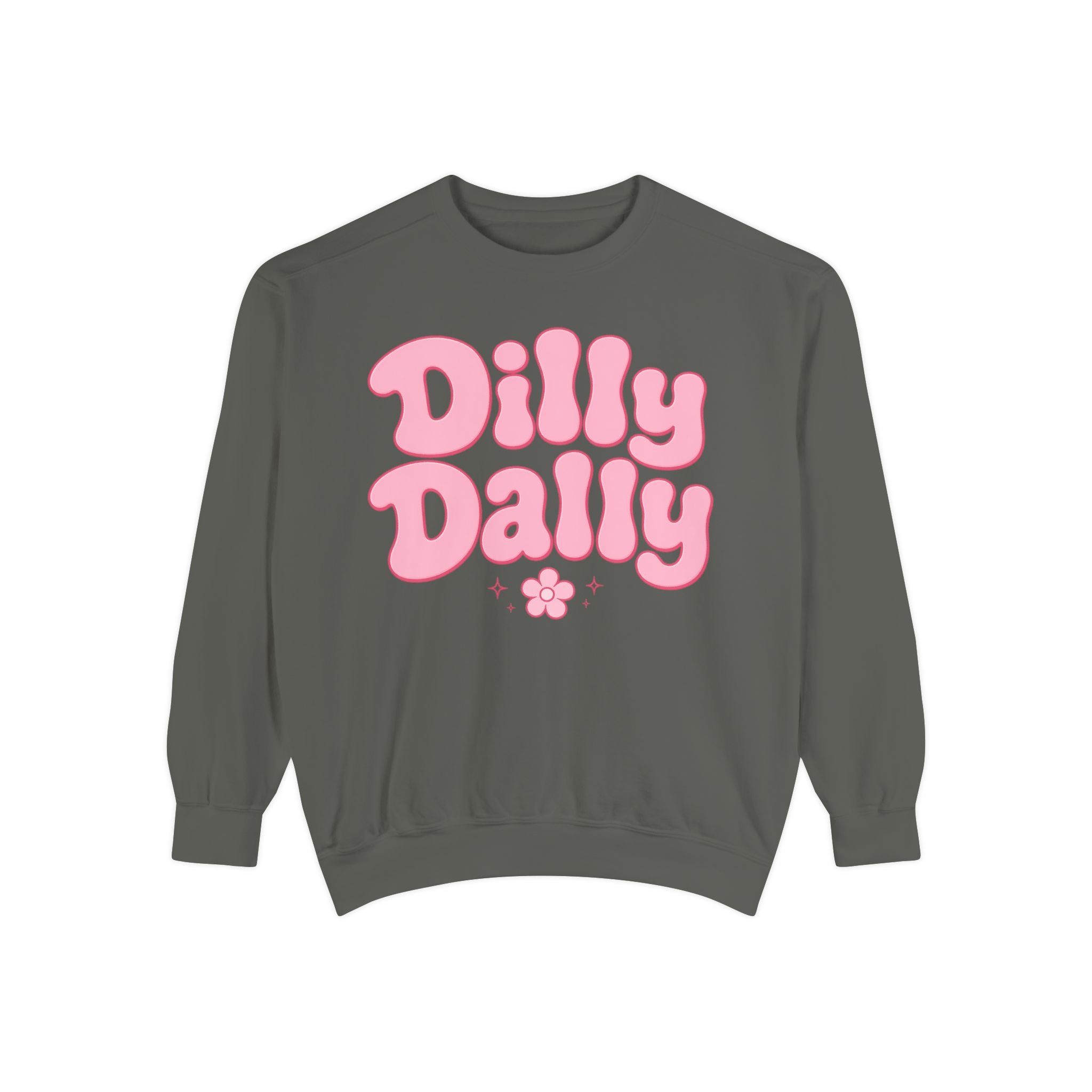 Dilly Dally bubble text sweatshirt | retro pink flower design