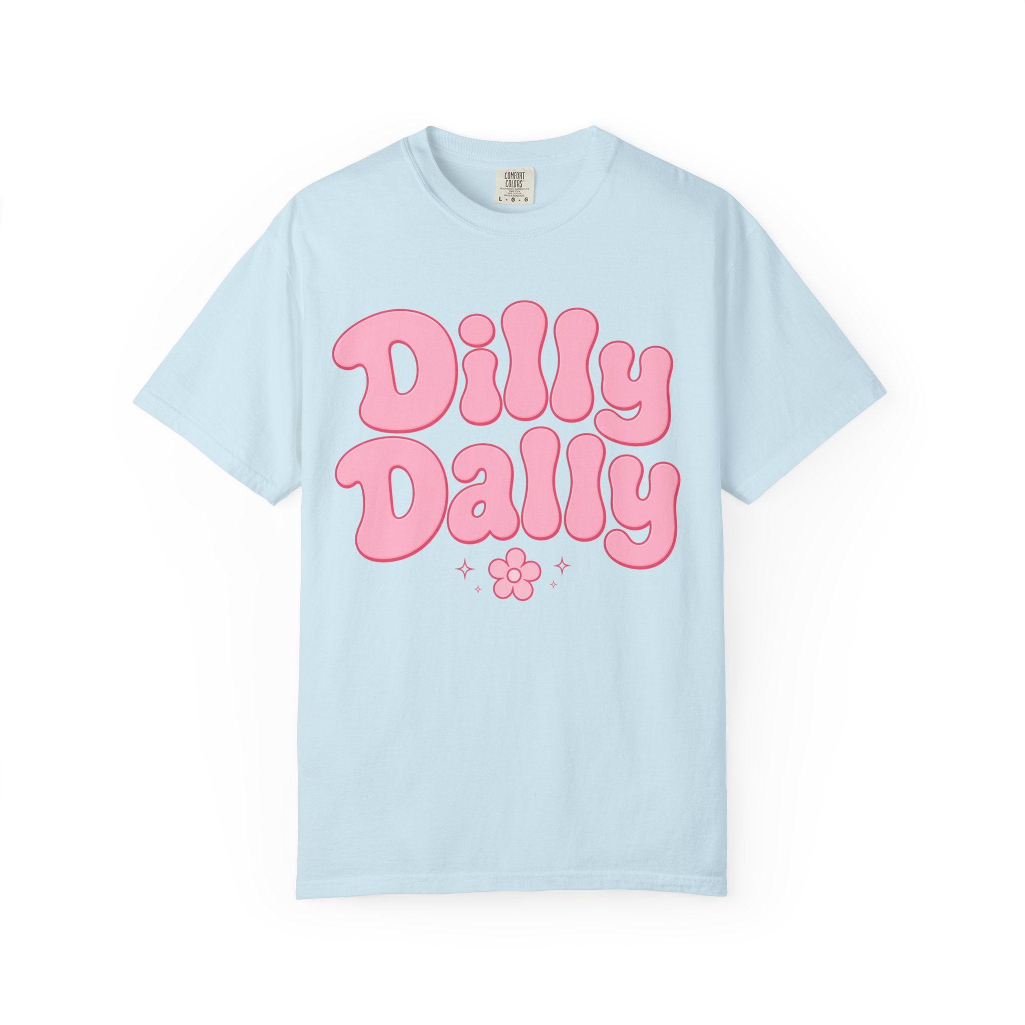 Dilly Dally pink bubble letters T-Shirt | groovy flower retro typography