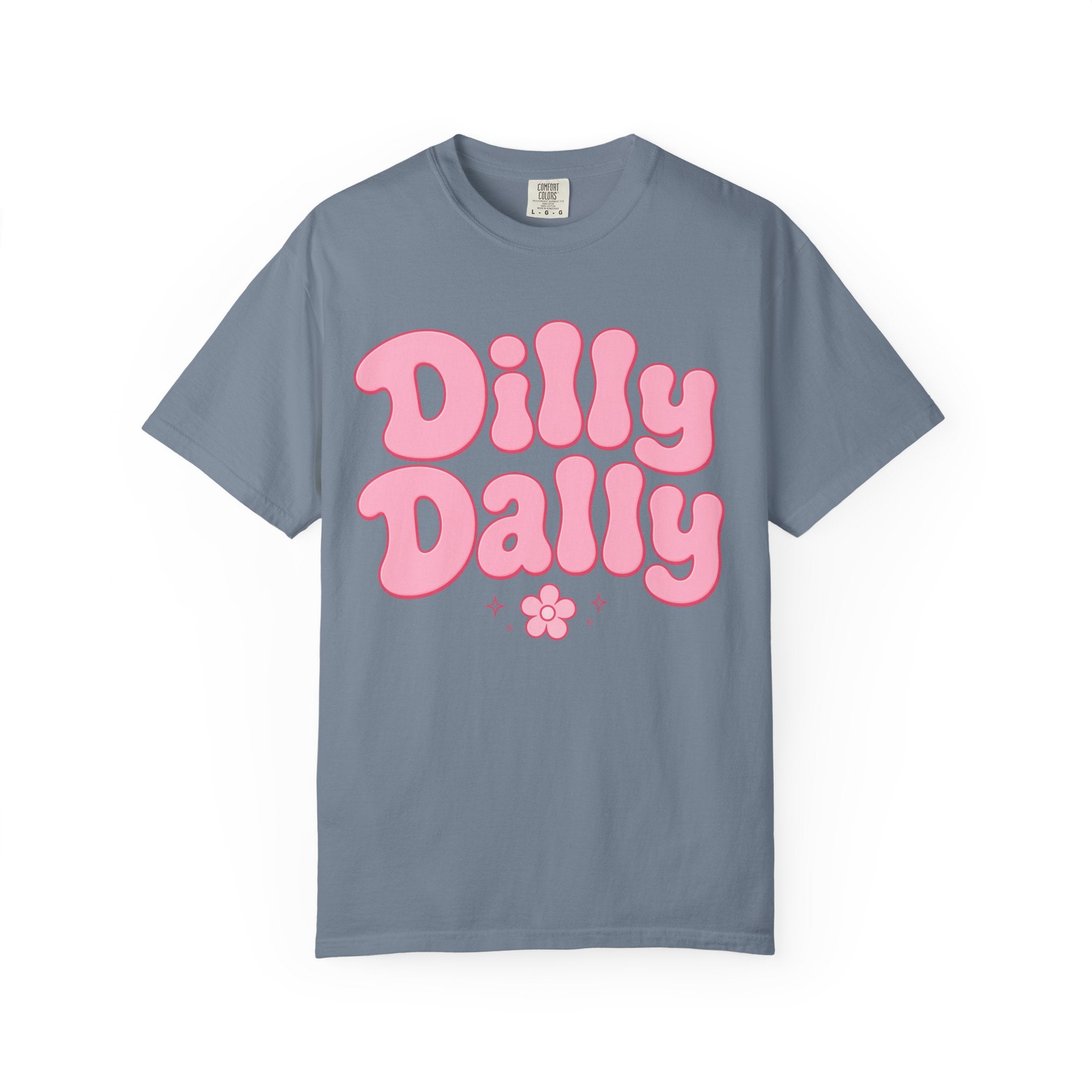Dilly Dally pink bubble letters T-Shirt | groovy flower retro typography