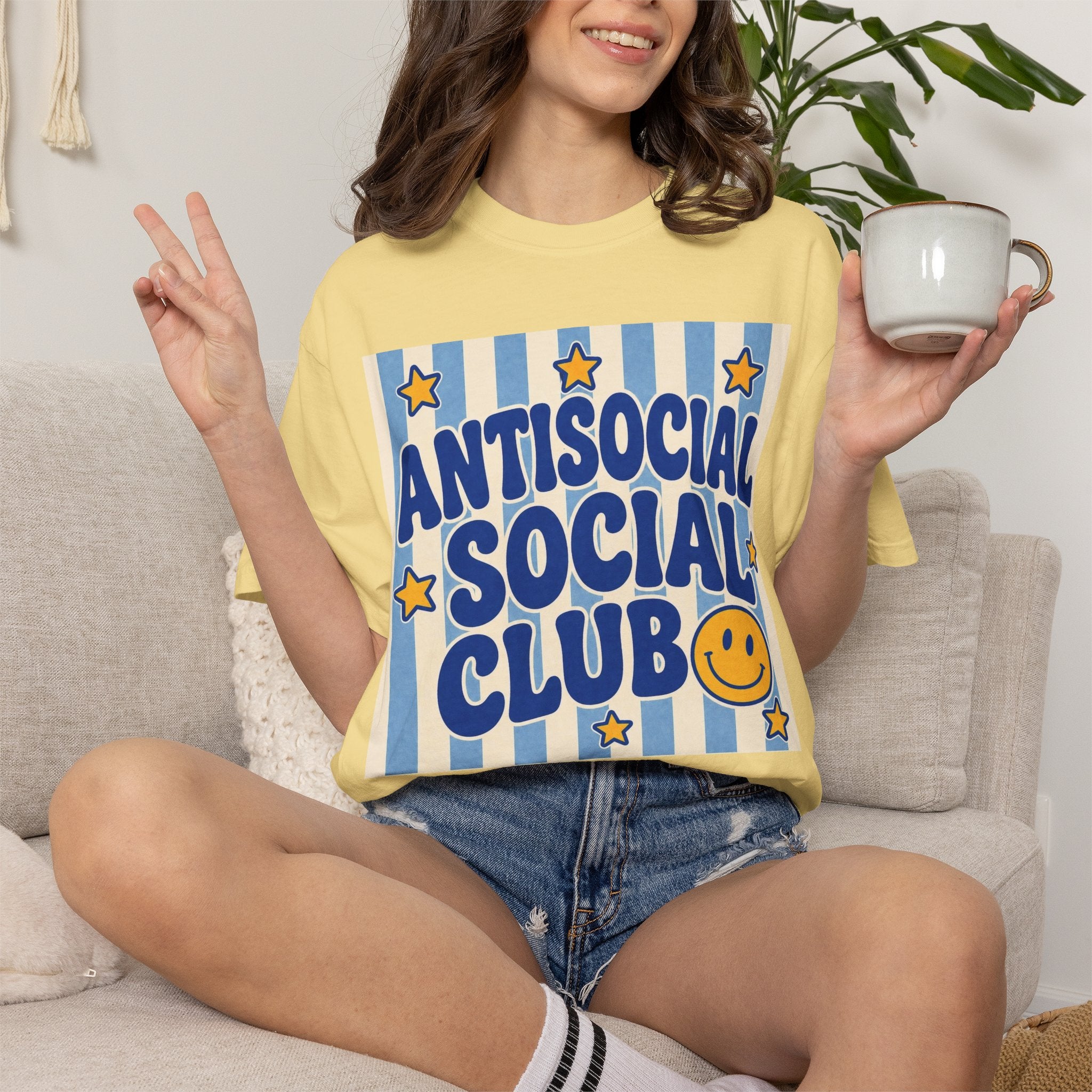Antisocial Social Club smiley graphic T-Shirt | retro blue stripes