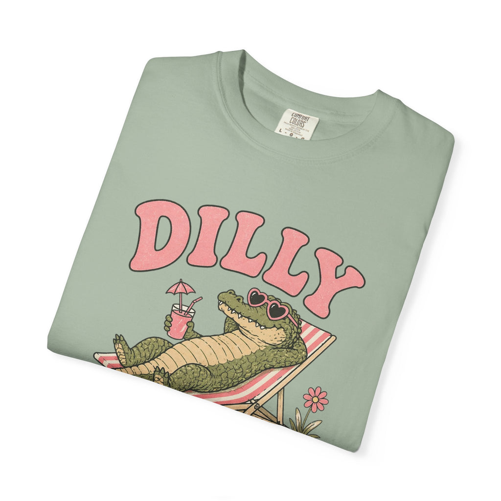 Dilly Dally Alligator Lounge T-shirt | Lazy Summer Palm Drink Graphic