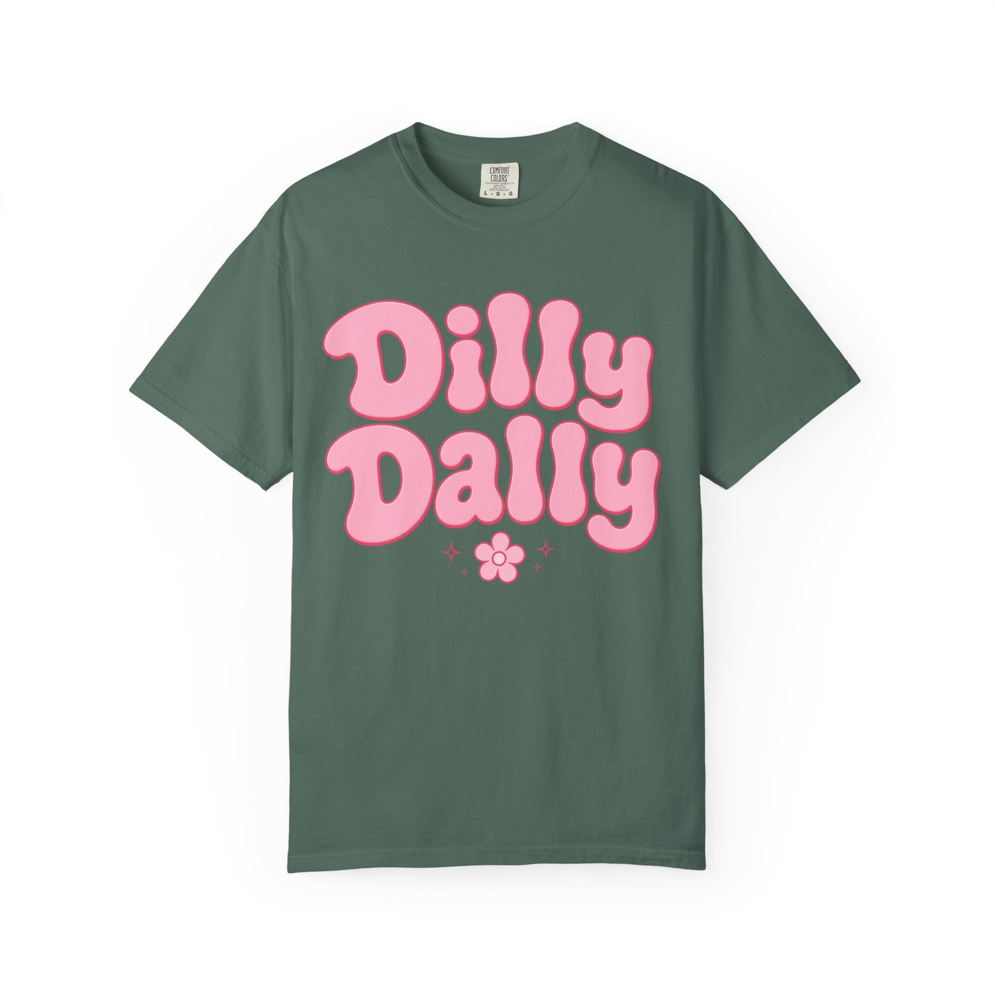 Dilly Dally pink bubble letters T-Shirt | groovy flower retro typography