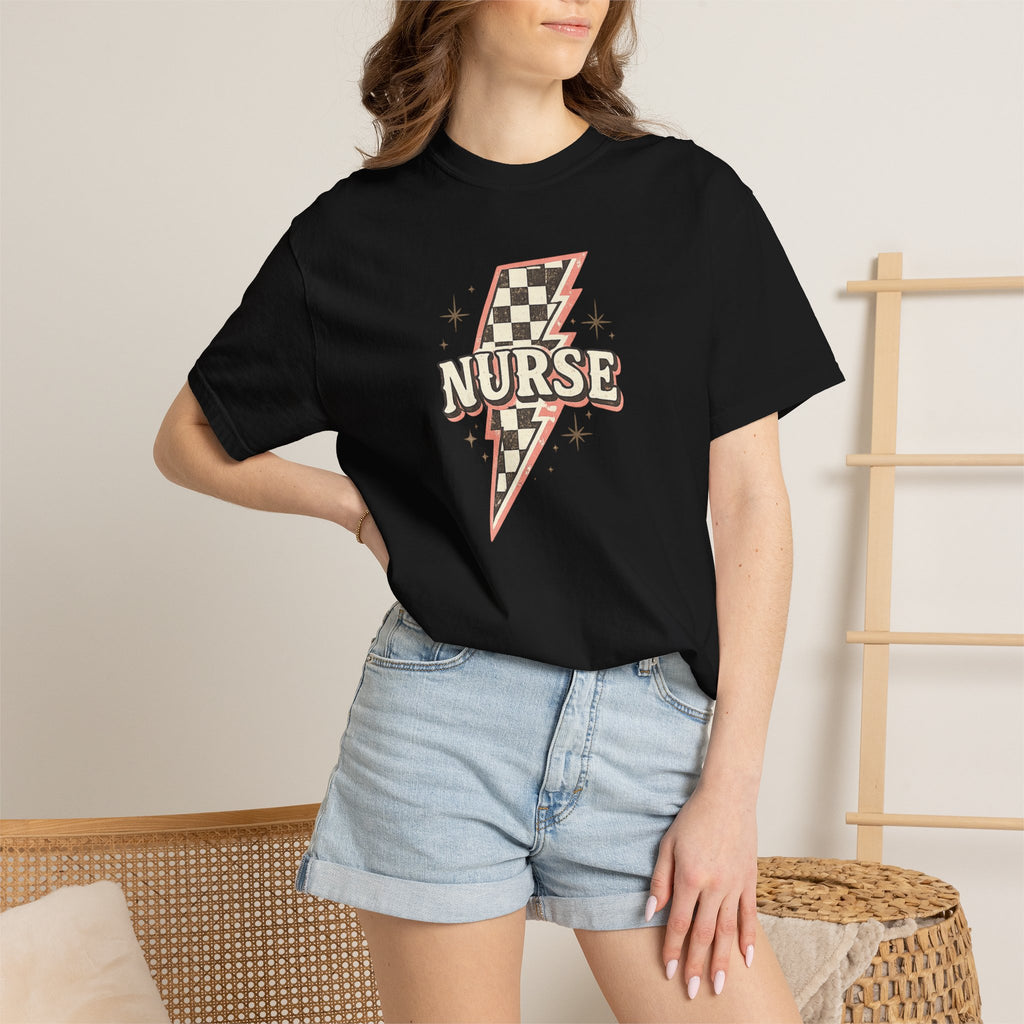 Checkerboard Lightning Nurse T-Shirt | Retro Sparkle Medical Tee