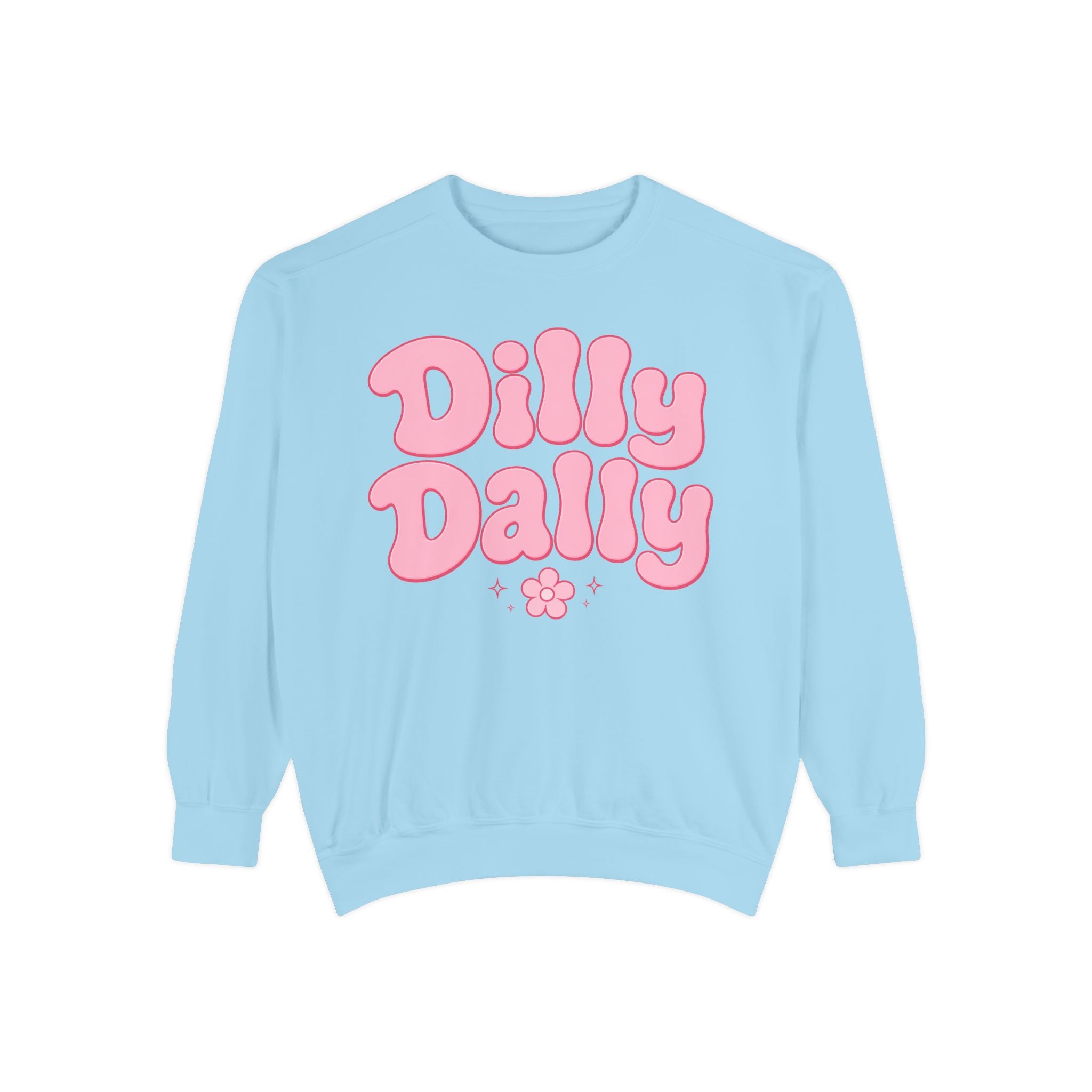 Dilly Dally bubble text sweatshirt | retro pink flower design