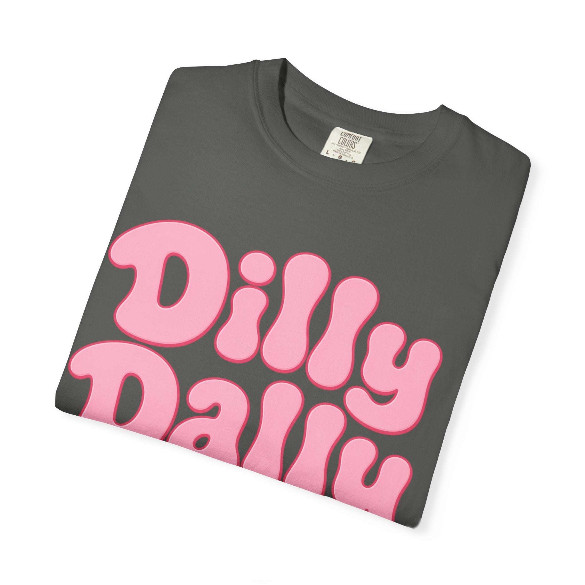 Dilly Dally pink bubble letters T-Shirt | groovy flower retro typography