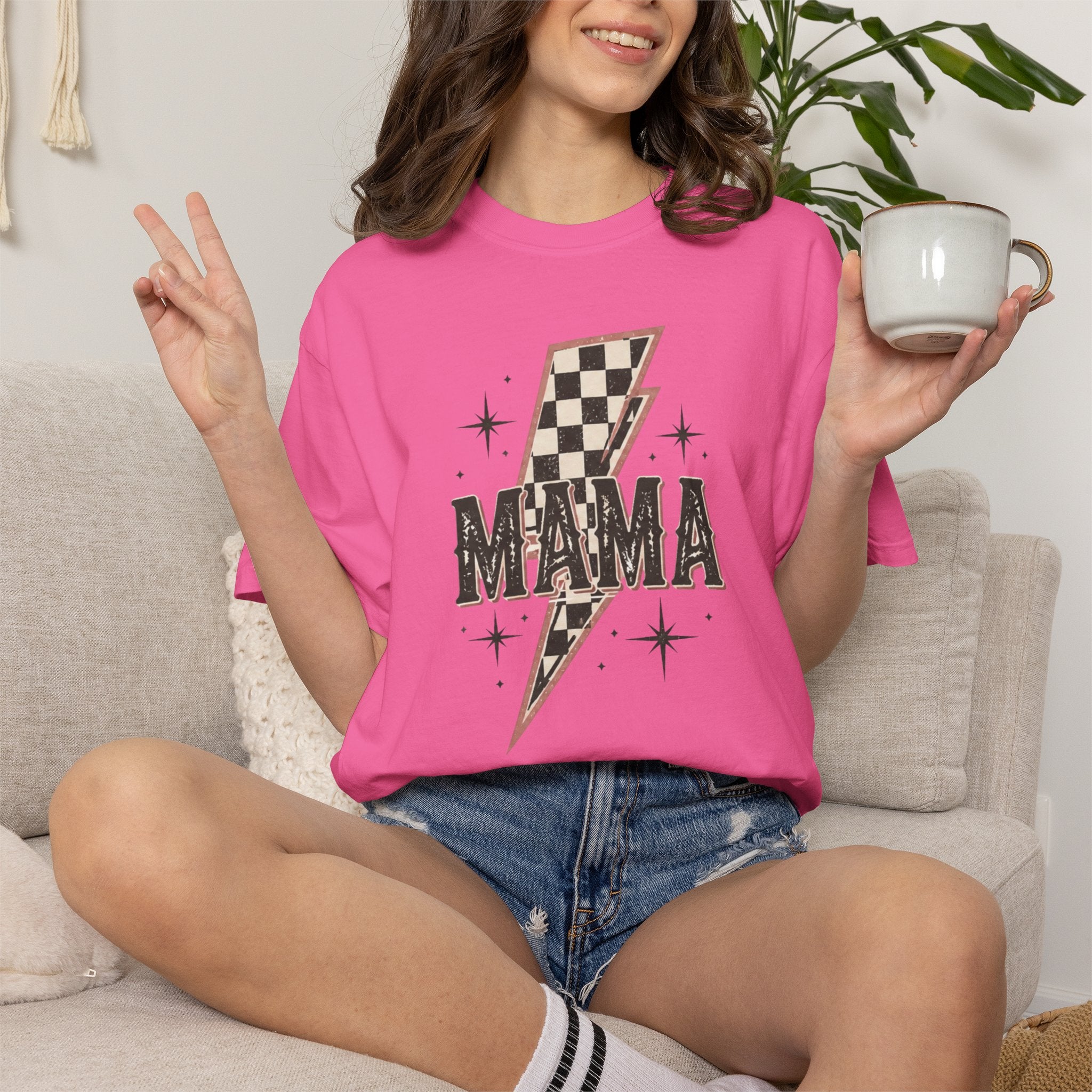 Mama Lightning Bolt Checkerboard T-shirt | Retro Rocker Mama Shirt