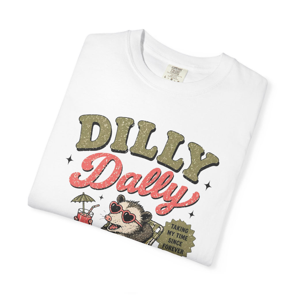 Dilly Dally Sloth Relaxing with Drink T-shirt | Retro Chill Vibes