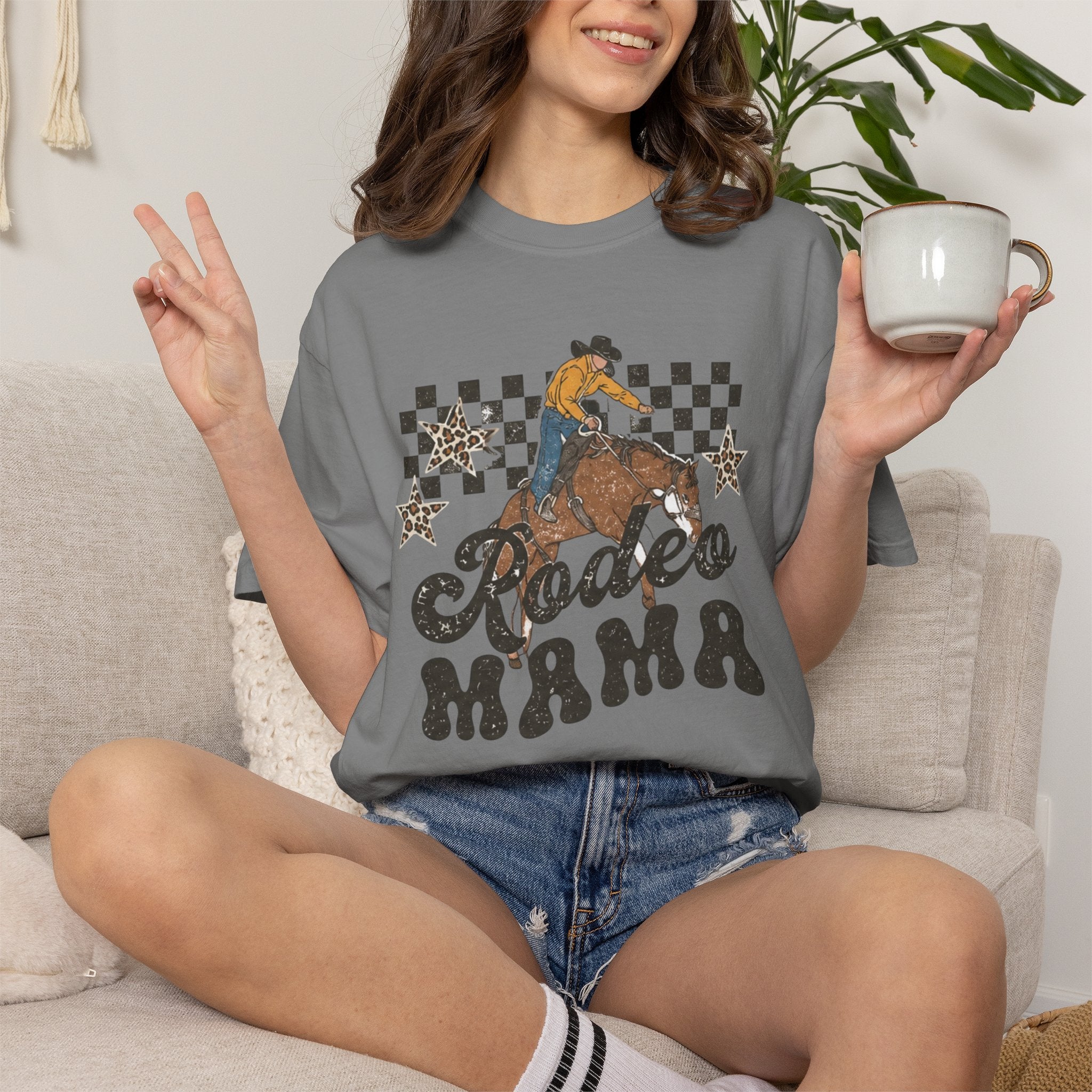 Rodeo Mama T-shirt | Cowgirl Riding Horse, Checkerboard Stars Western Design