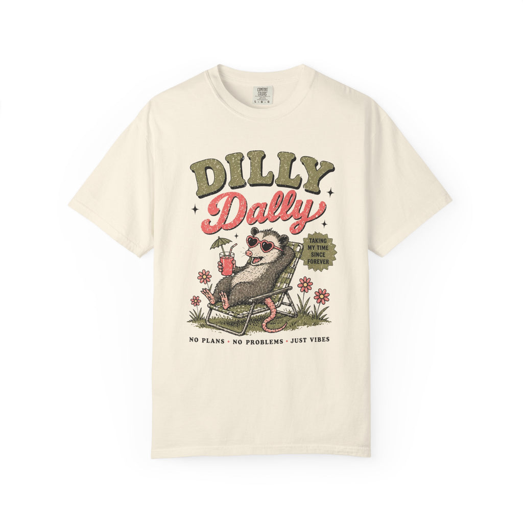Dilly Dally Sloth Relaxing with Drink T-shirt | Retro Chill Vibes