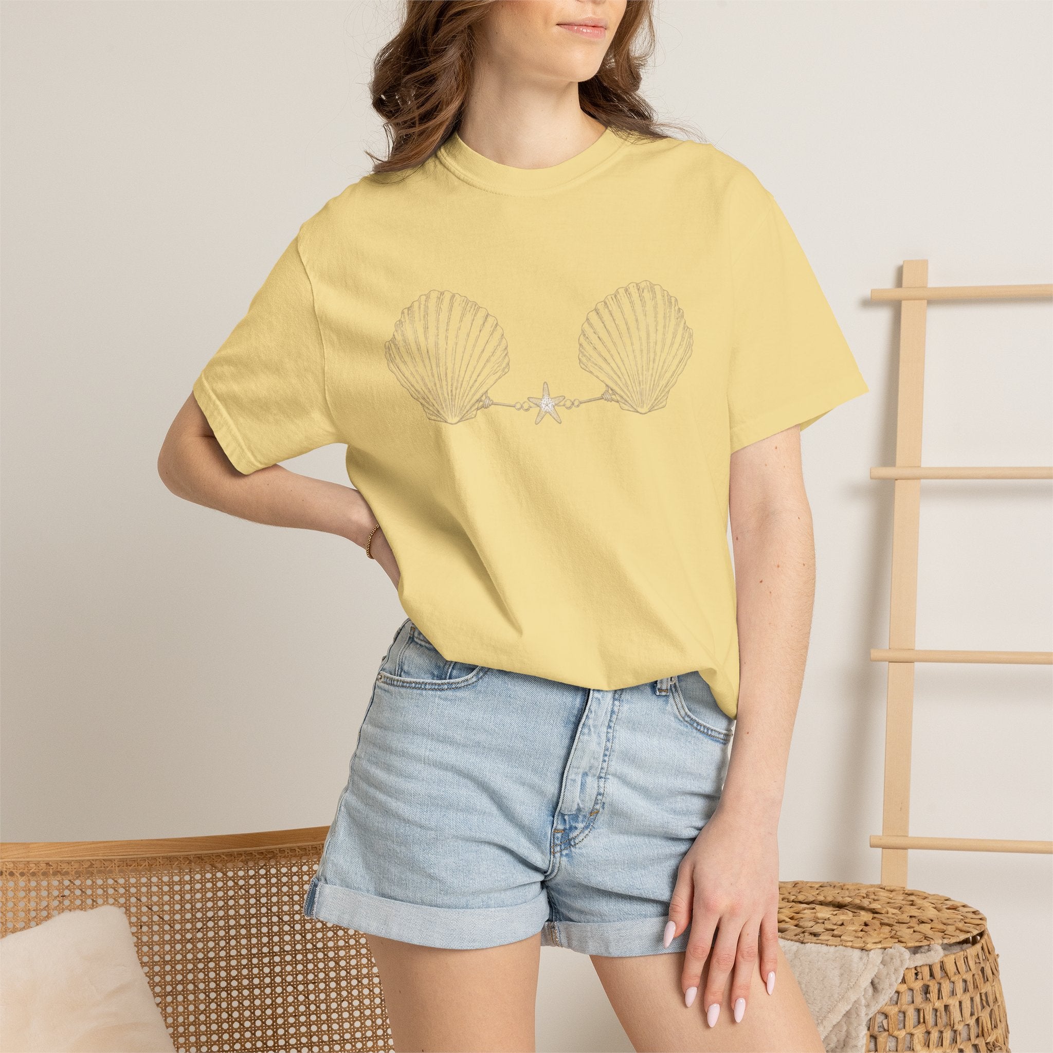 Seashell Bra Illustration T-shirt | Shell Bikini Graphic Tee