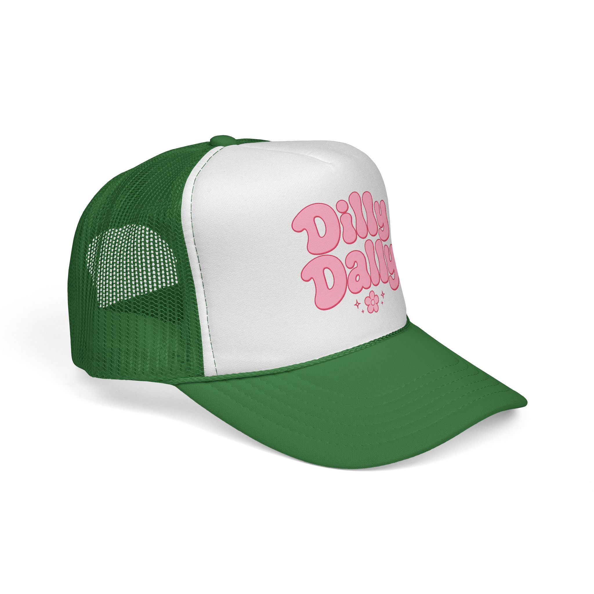 Dilly Dally pink bubbly lettering Trucker Cap | retro flower script