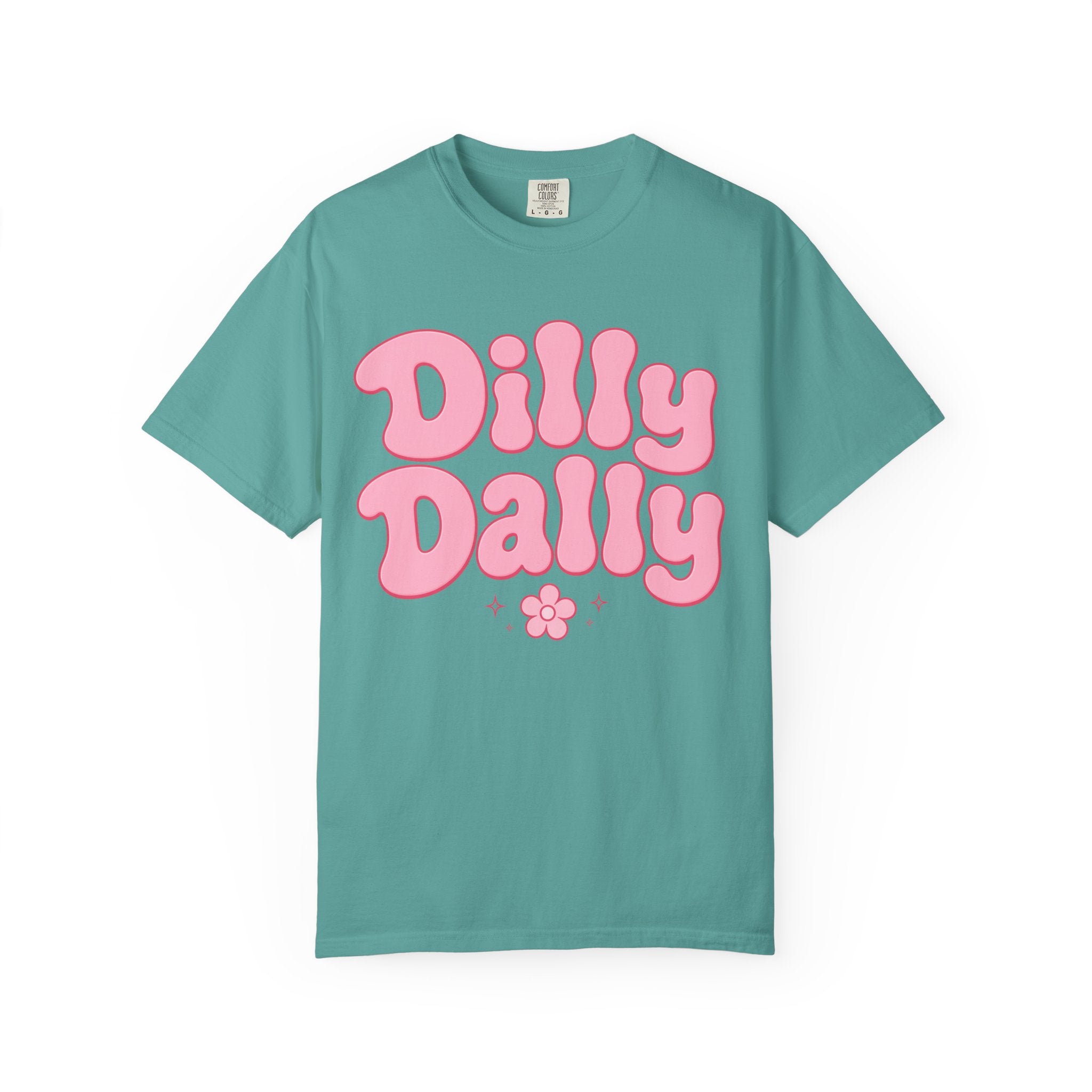 Dilly Dally pink bubble letters T-Shirt | groovy flower retro typography