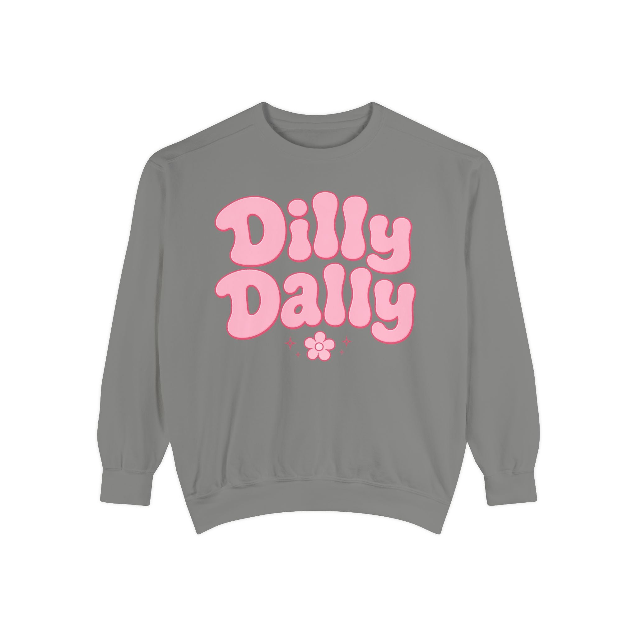 Dilly Dally bubble text sweatshirt | retro pink flower design