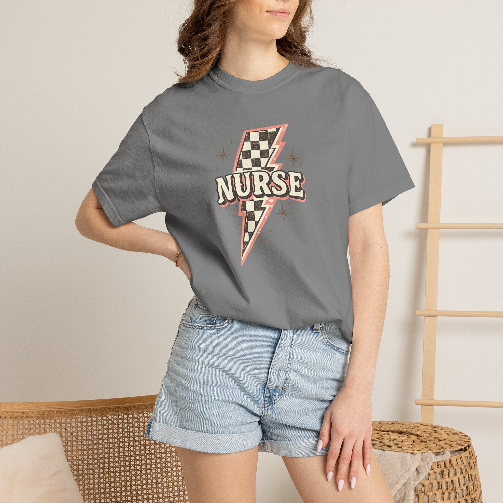 Checkerboard Lightning Nurse T-Shirt | Retro Sparkle Medical Tee