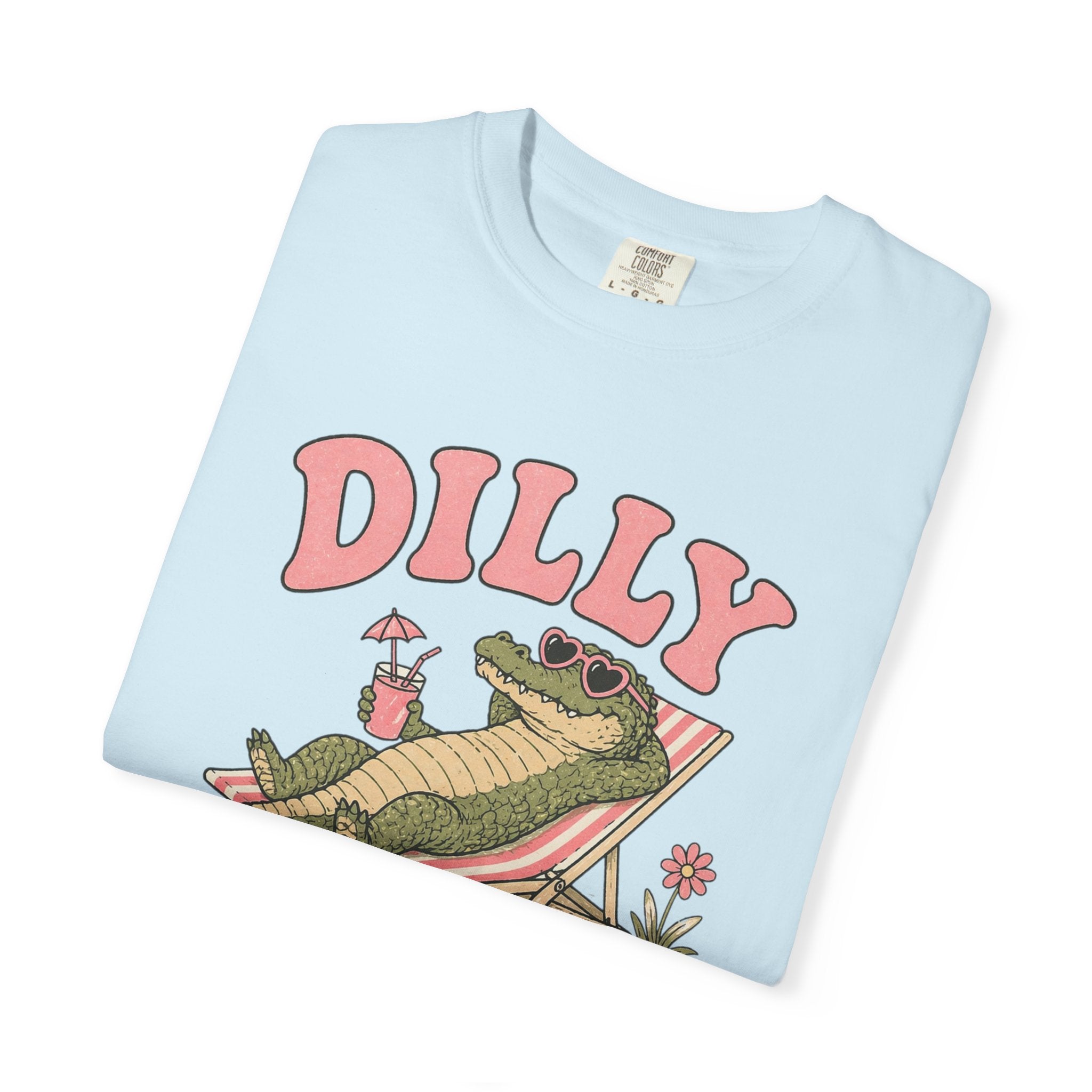 Dilly Dally Alligator Lounge T-shirt | Lazy Summer Palm Drink Graphic