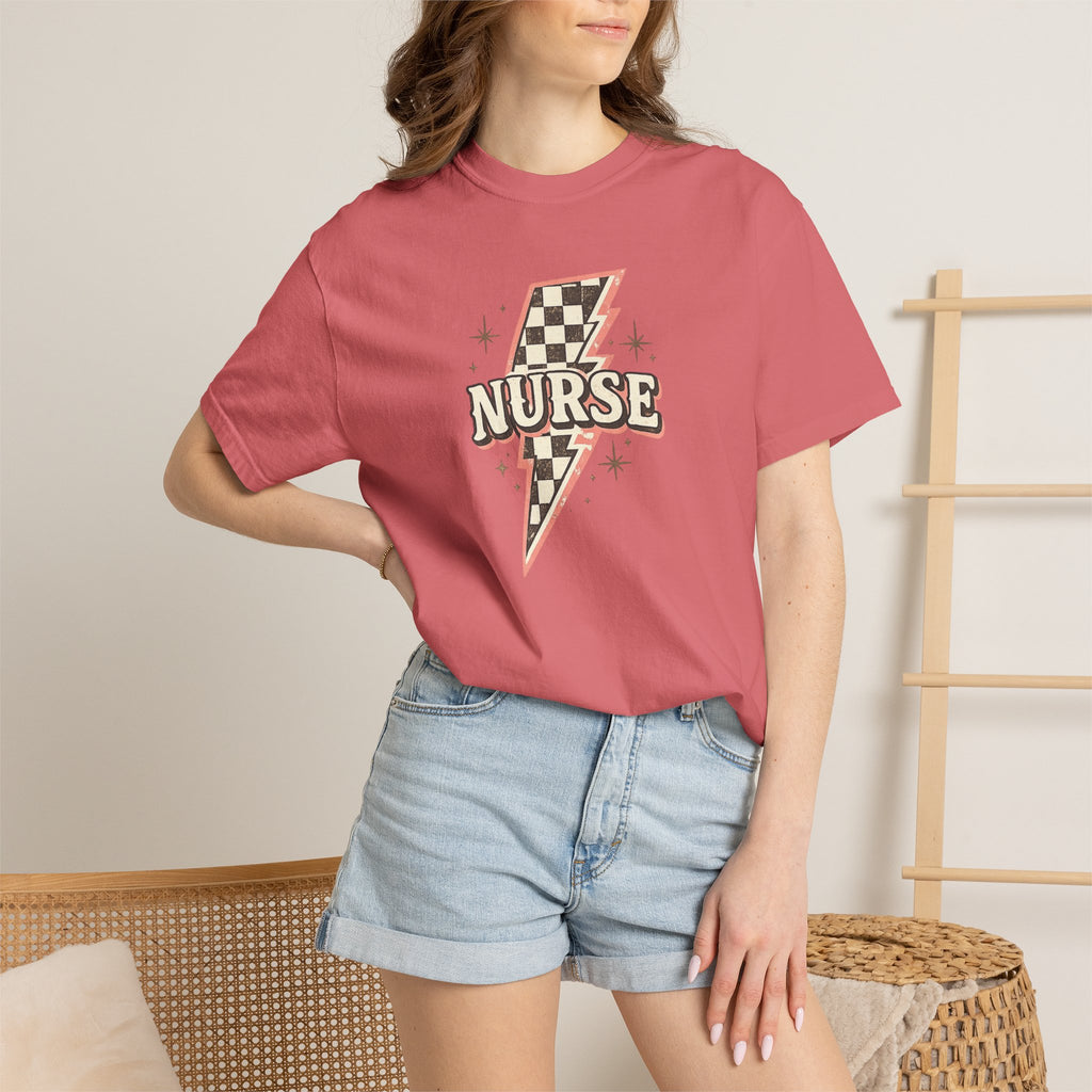 Checkerboard Lightning Nurse T-Shirt | Retro Sparkle Medical Tee