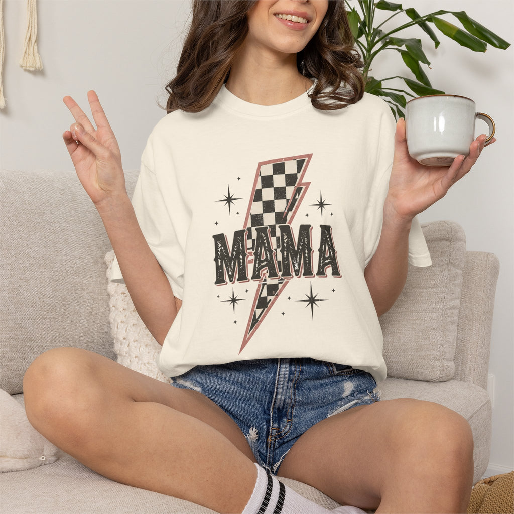 Mama Lightning Bolt Checkerboard T-shirt | Retro Rocker Mama Shirt