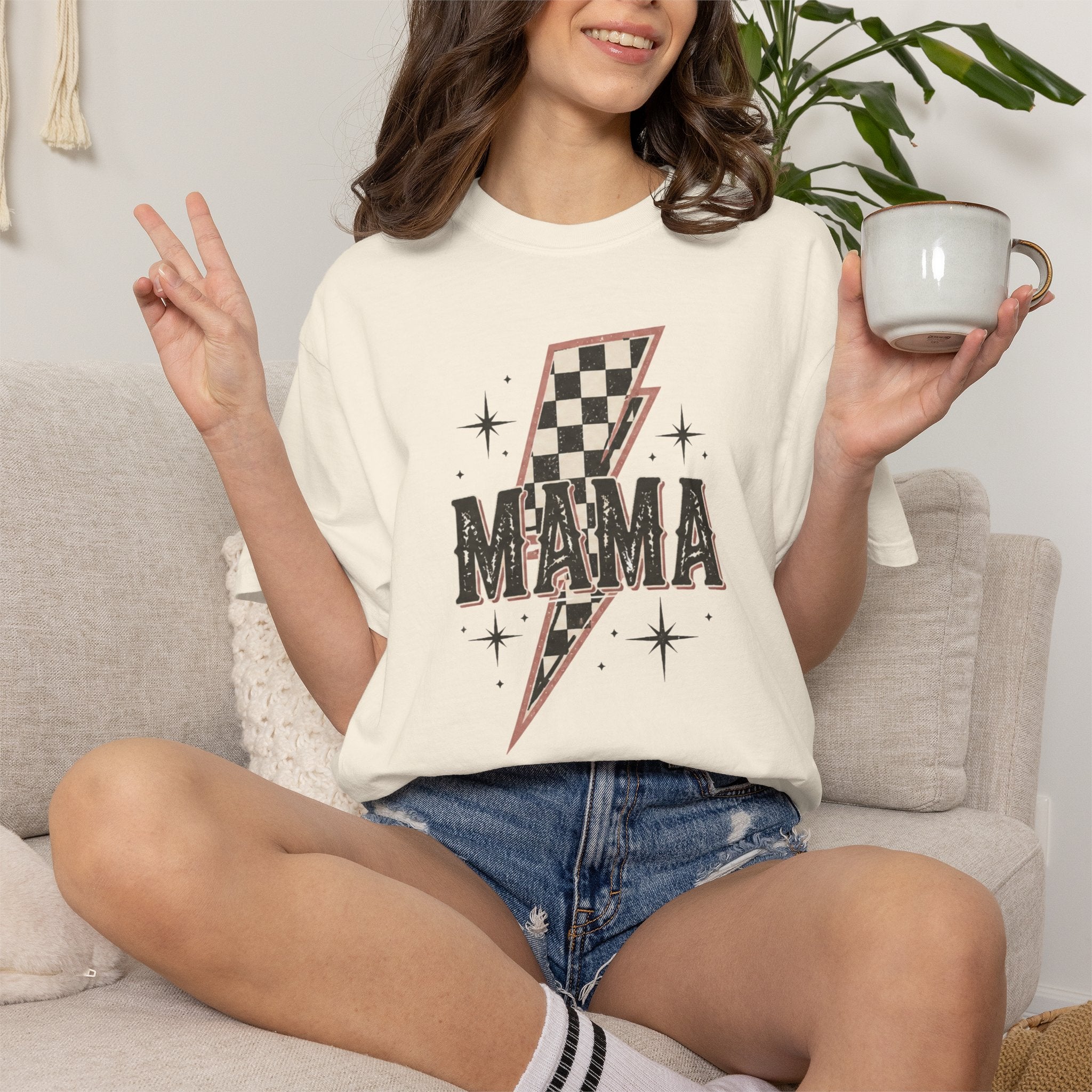 Mama Lightning Bolt Checkerboard T-shirt | Retro Rocker Mama Shirt