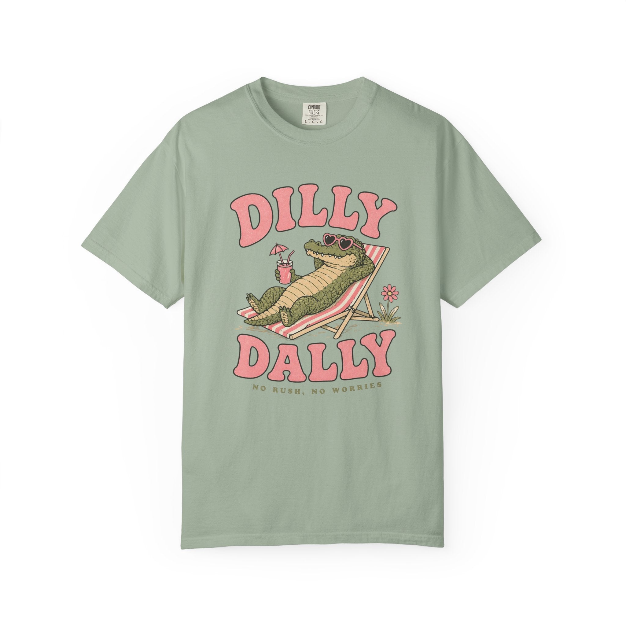 Dilly Dally Alligator Lounge T-shirt | Lazy Summer Palm Drink Graphic