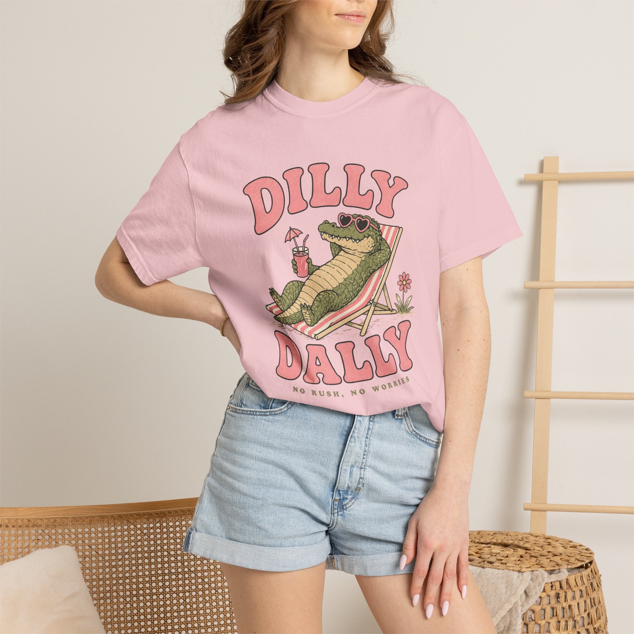 Dilly Dally Alligator Lounge T-shirt | Lazy Summer Palm Drink Graphic