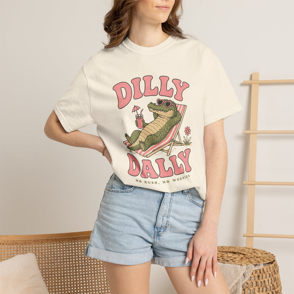 Dilly Dally Alligator Lounge T-shirt | Lazy Summer Palm Drink Graphic
