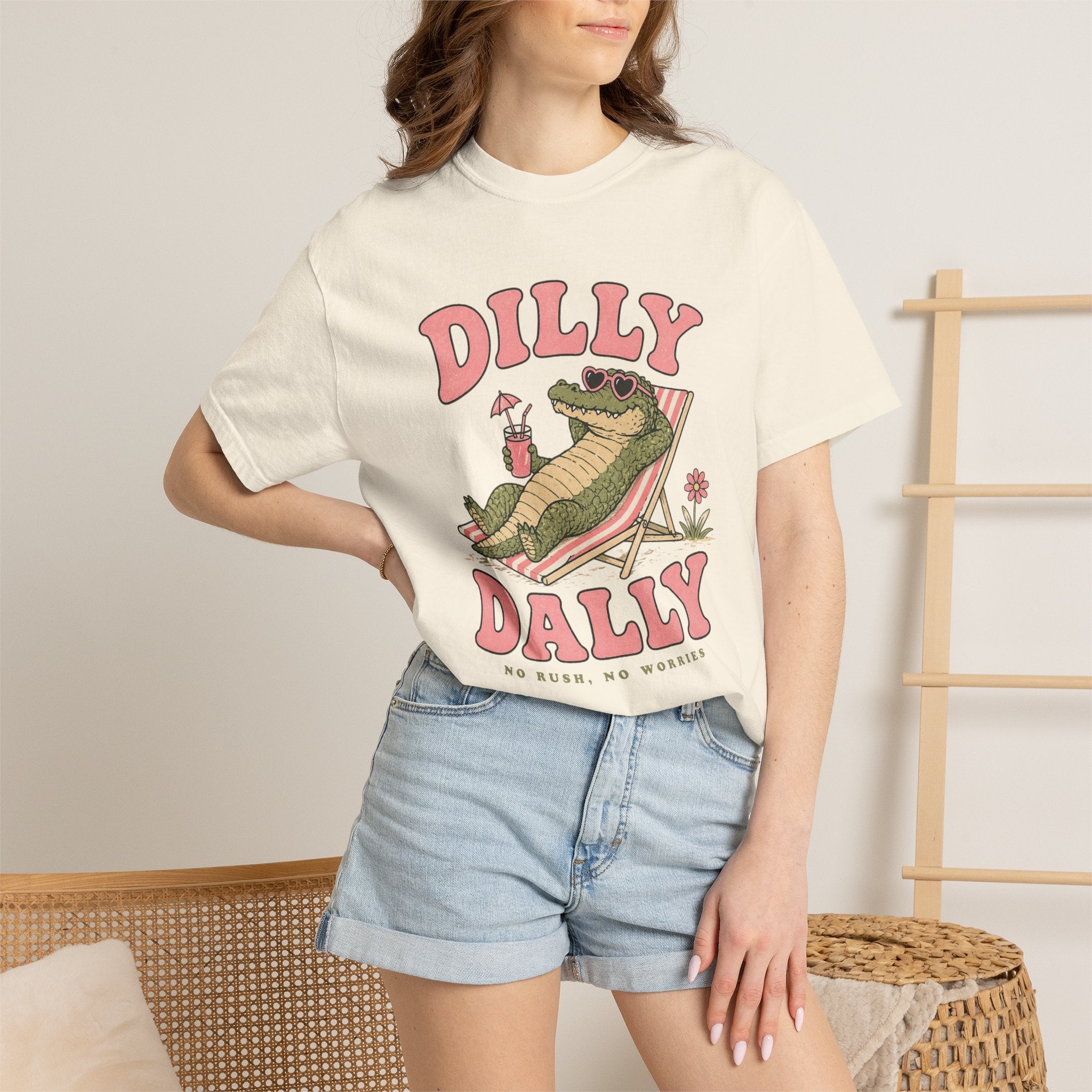 Dilly Dally Alligator Lounge T-shirt | Lazy Summer Palm Drink Graphic
