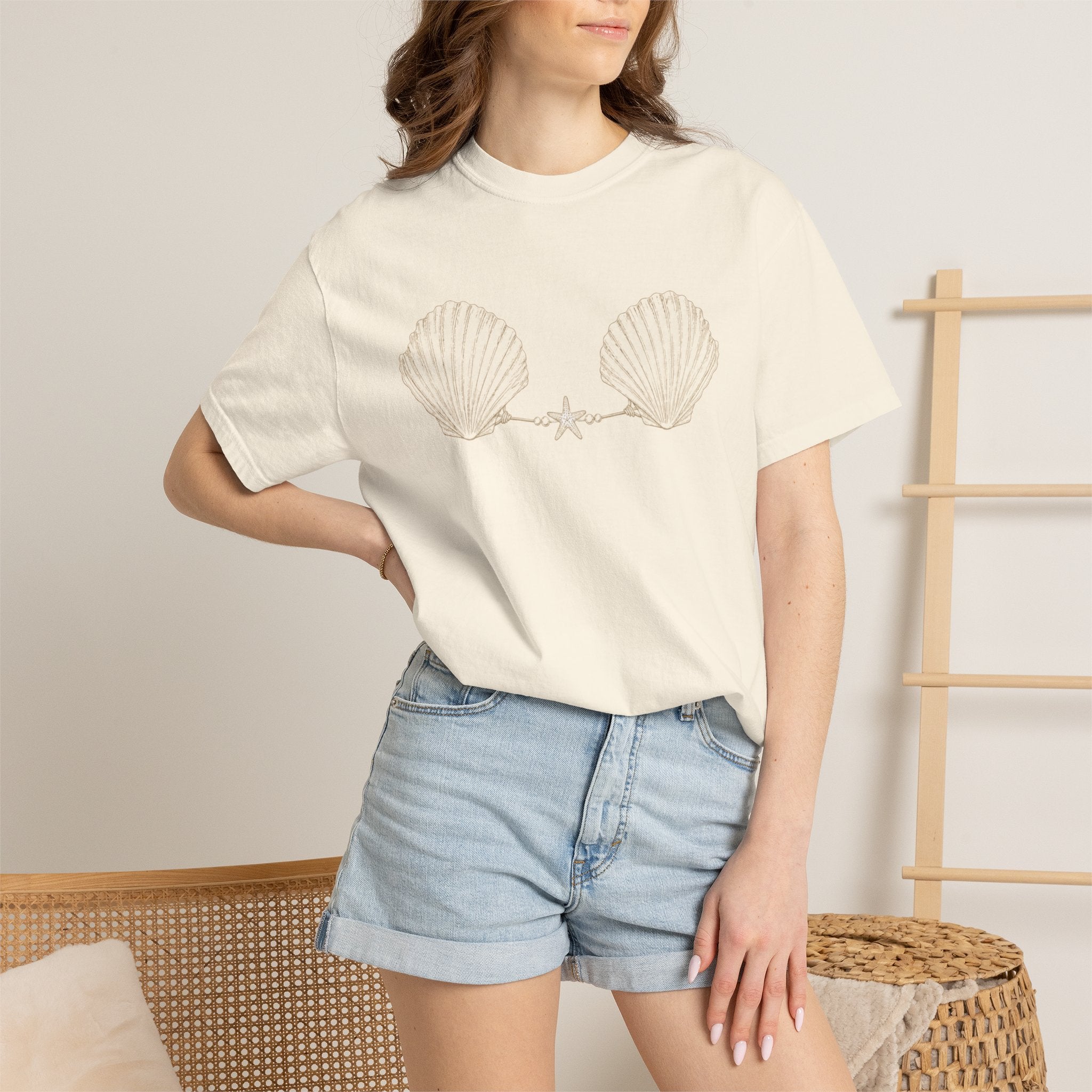 Seashell Bra Illustration T-shirt | Shell Bikini Graphic Tee