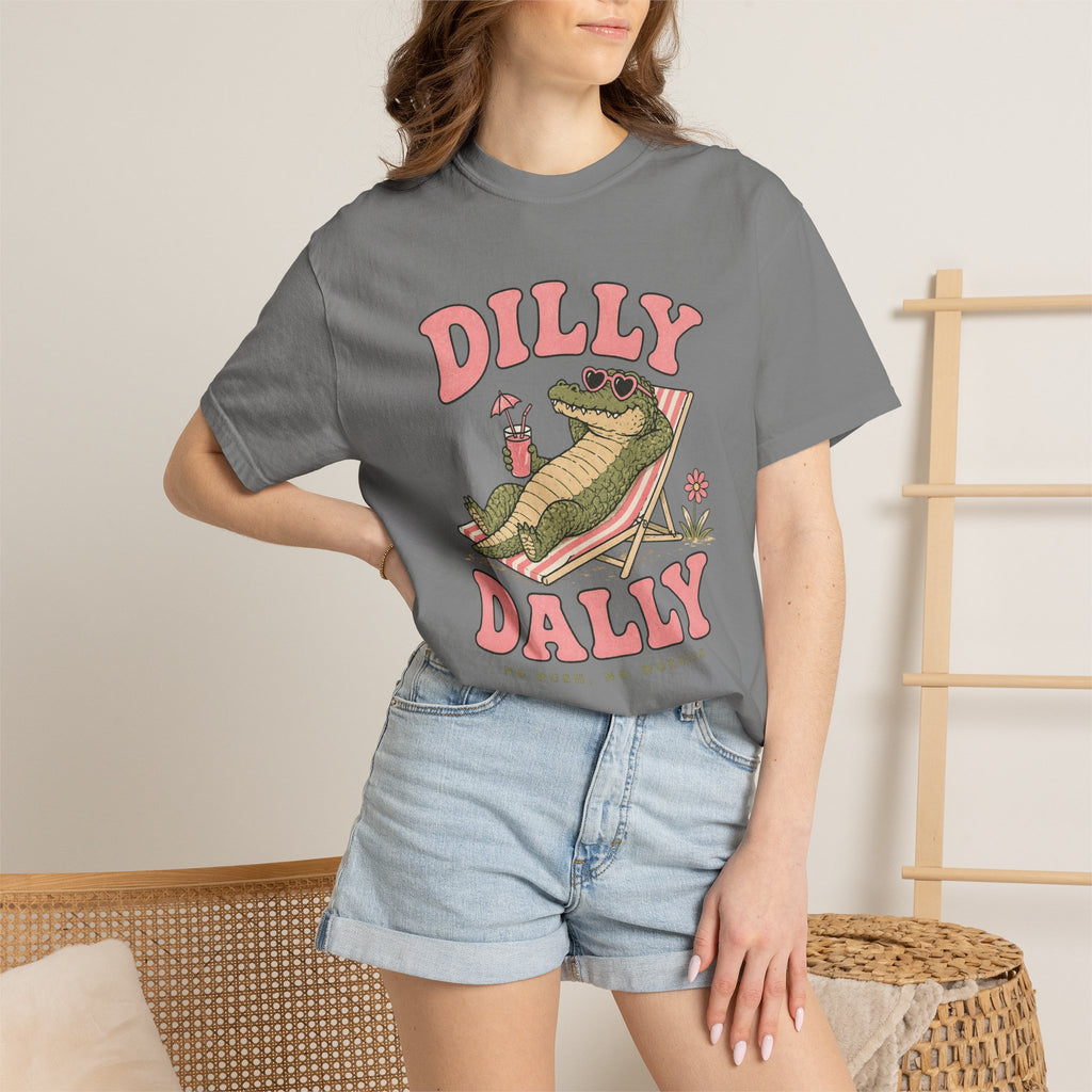 Dilly Dally Alligator Lounge T-shirt | Lazy Summer Palm Drink Graphic