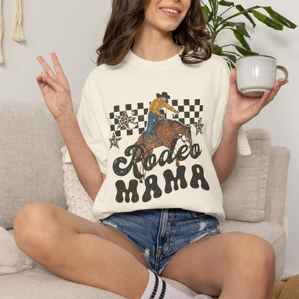 Rodeo Mama T-shirt | Cowgirl Riding Horse, Checkerboard Stars Western Design