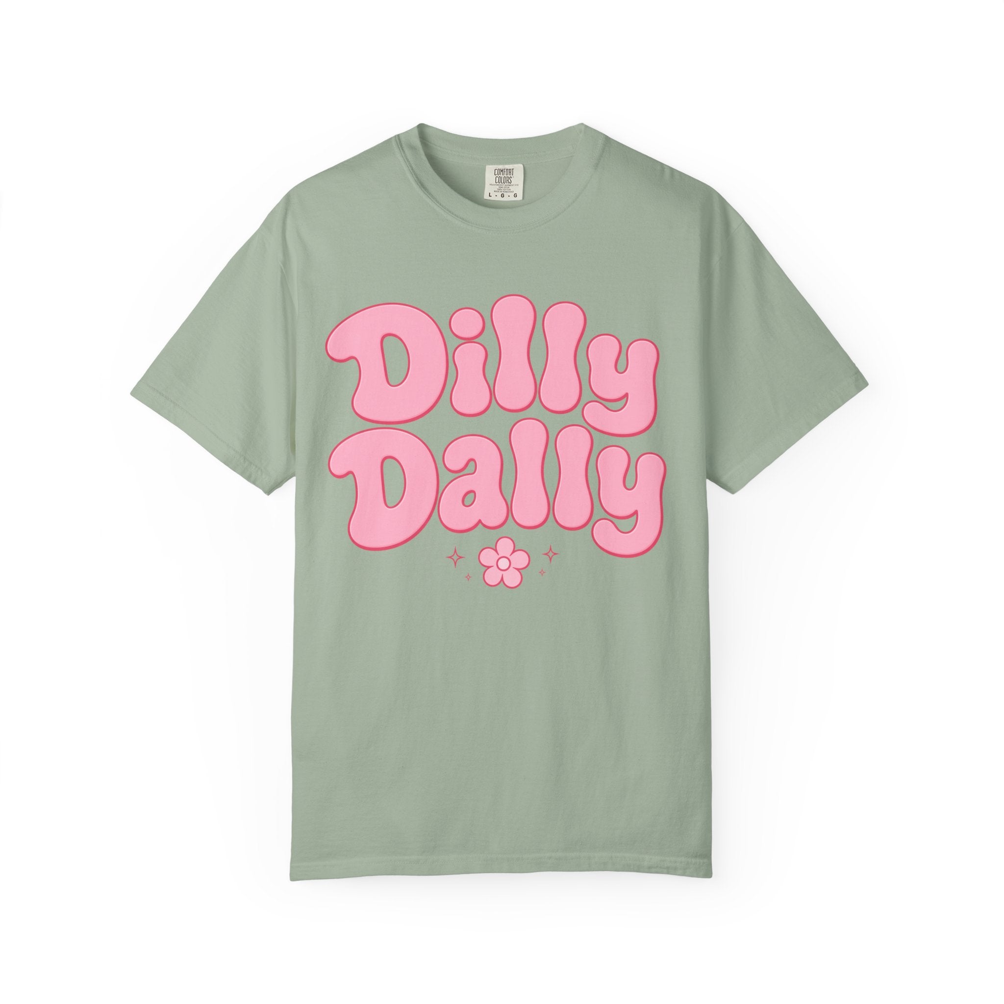 Dilly Dally pink bubble letters T-Shirt | groovy flower retro typography