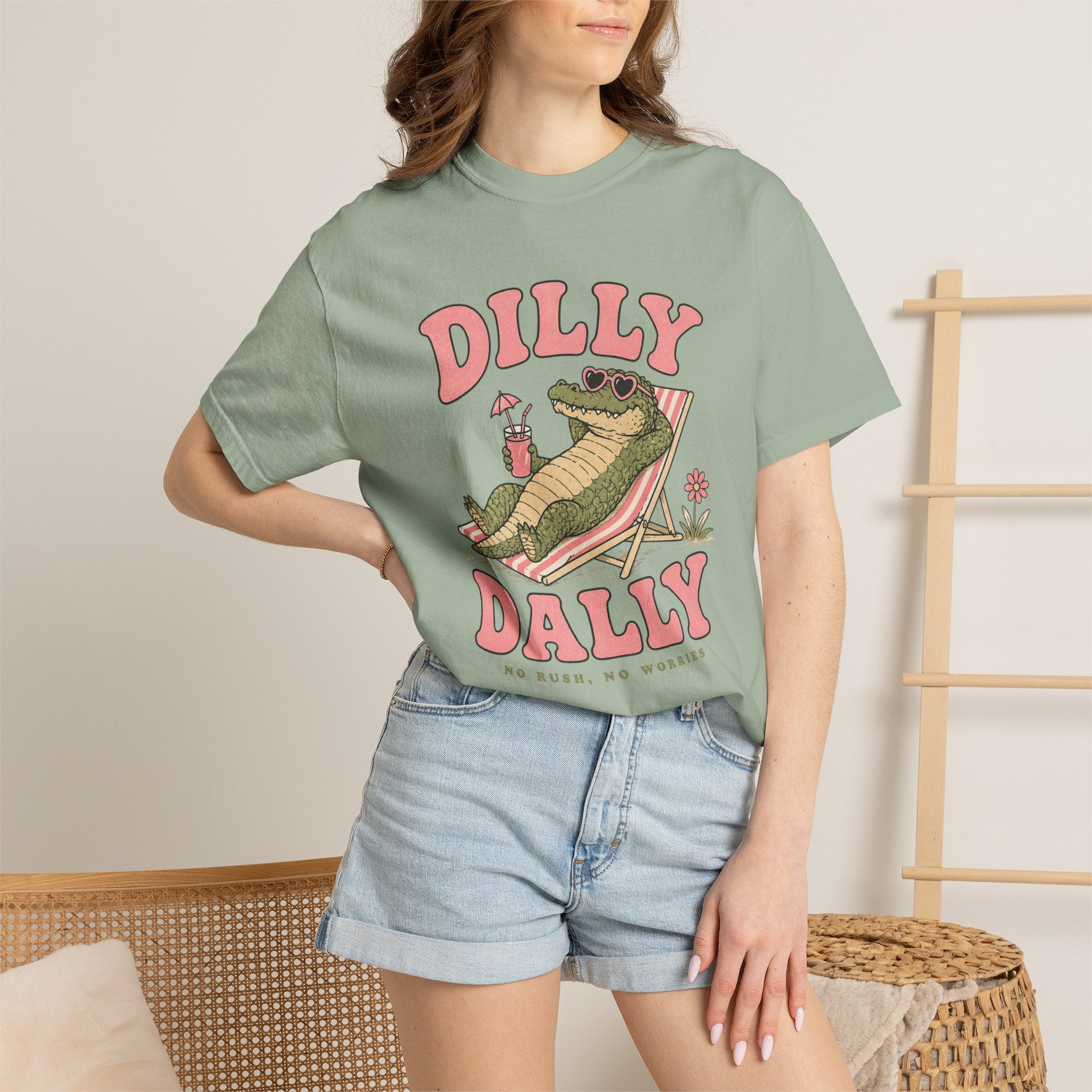 Dilly Dally Alligator Lounge T-shirt | Lazy Summer Palm Drink Graphic