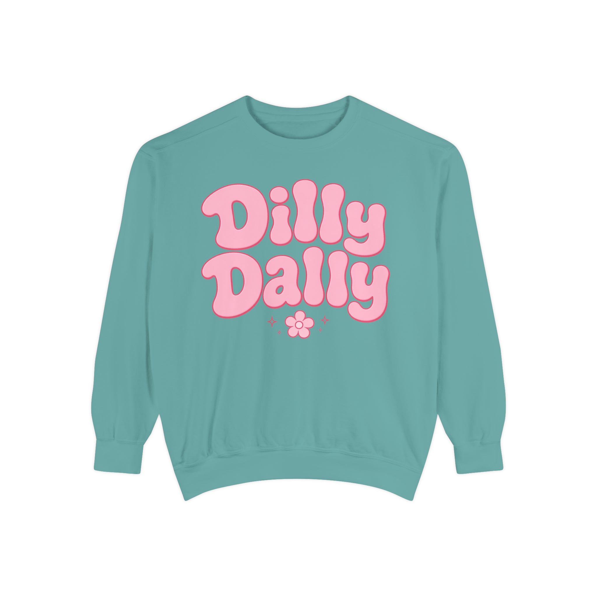 Dilly Dally bubble text sweatshirt | retro pink flower design