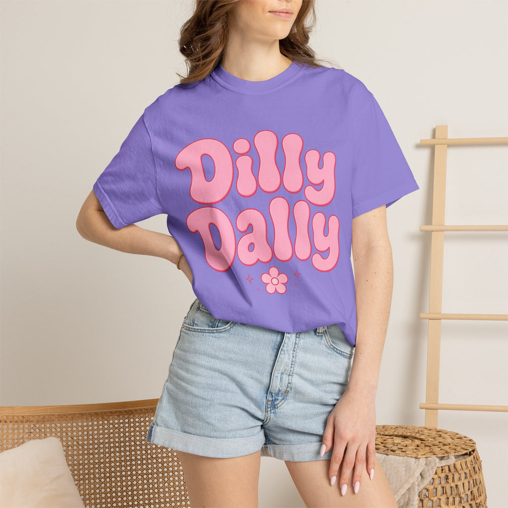 Dilly Dally pink bubble letters T-Shirt | groovy flower retro typography