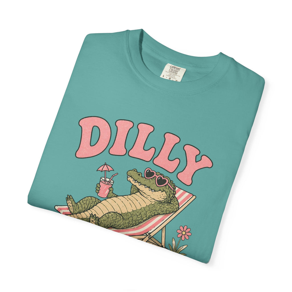 Dilly Dally Alligator Lounge T-shirt | Lazy Summer Palm Drink Graphic