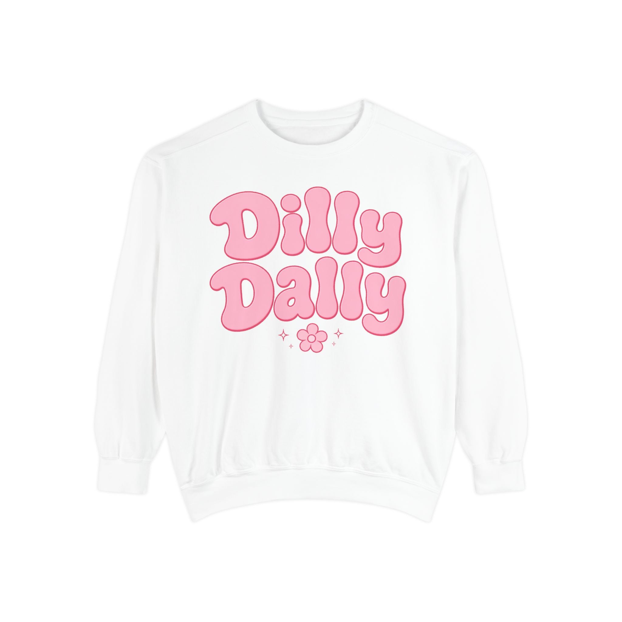 Dilly Dally bubble text sweatshirt | retro pink flower design
