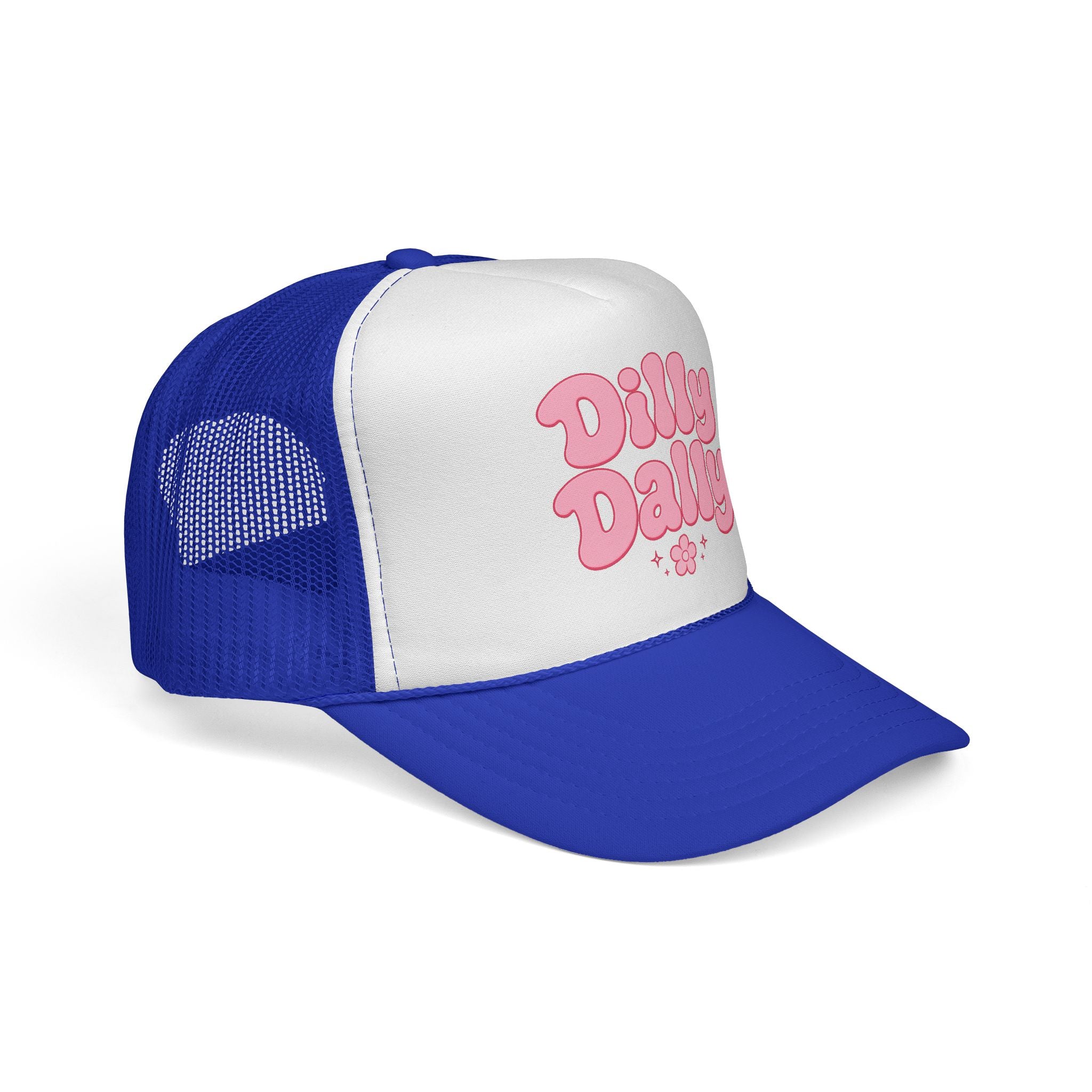 Dilly Dally pink bubbly lettering Trucker Cap | retro flower script