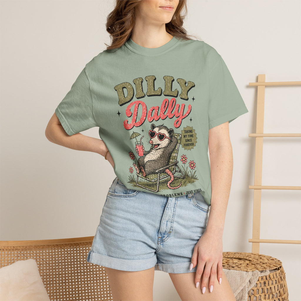 Dilly Dally Sloth Relaxing with Drink T-shirt | Retro Chill Vibes