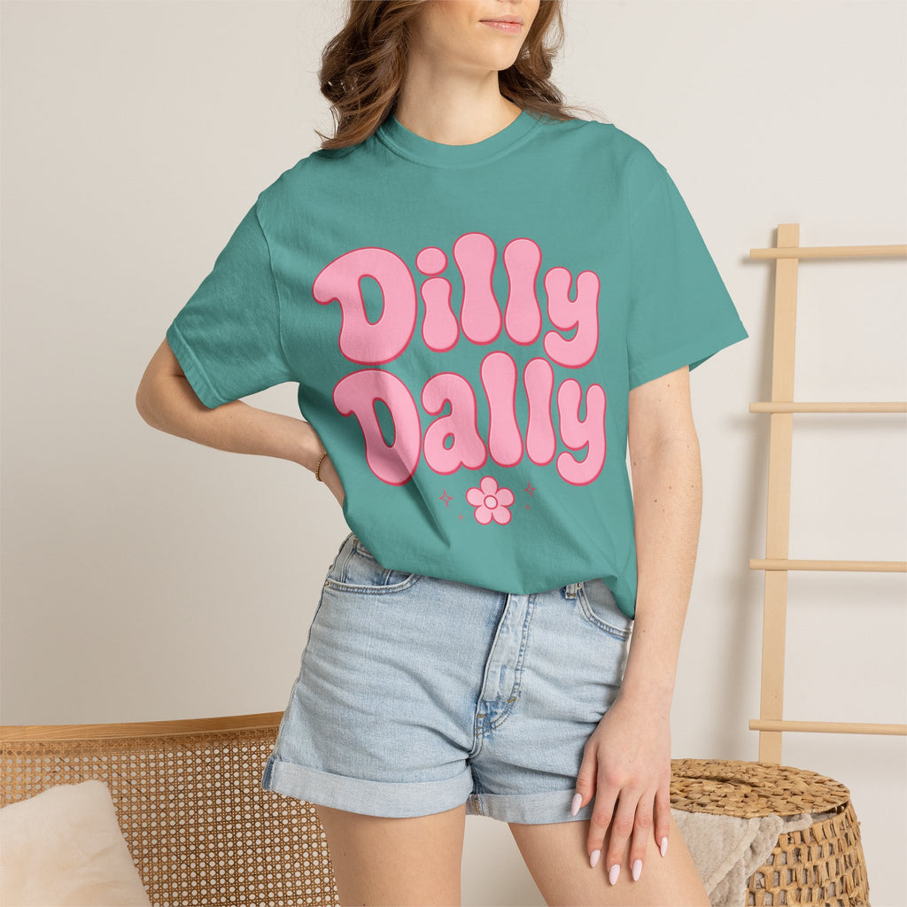 Dilly Dally pink bubble letters T-Shirt | groovy flower retro typography