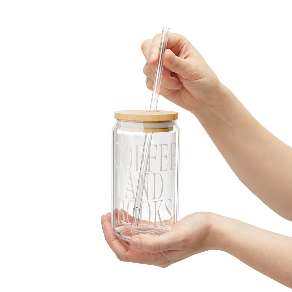 Coffee and Books Sipper Glass | 16oz Clear Tumbler with Bamboo Lid