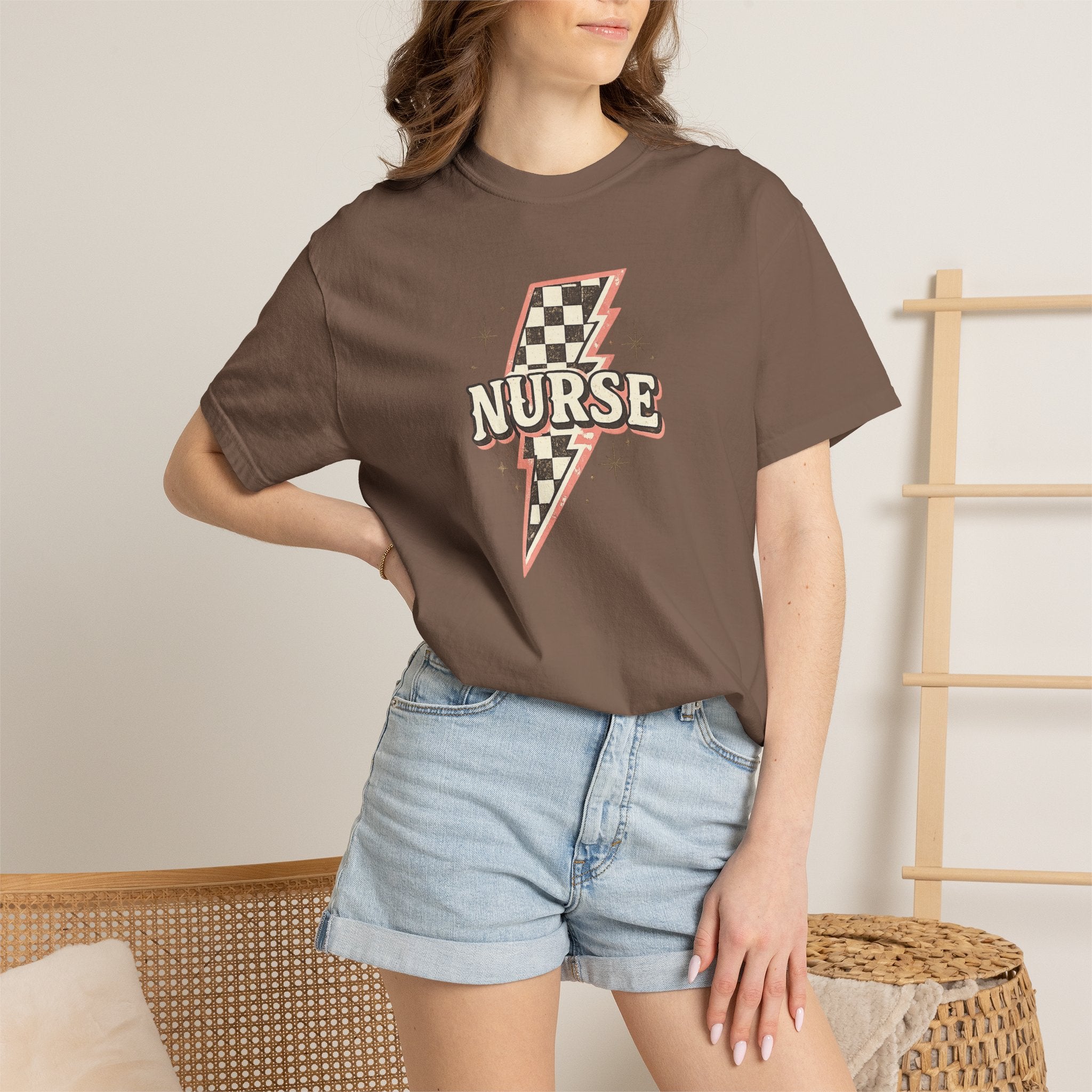 Checkerboard Lightning Nurse T-Shirt | Retro Sparkle Medical Tee