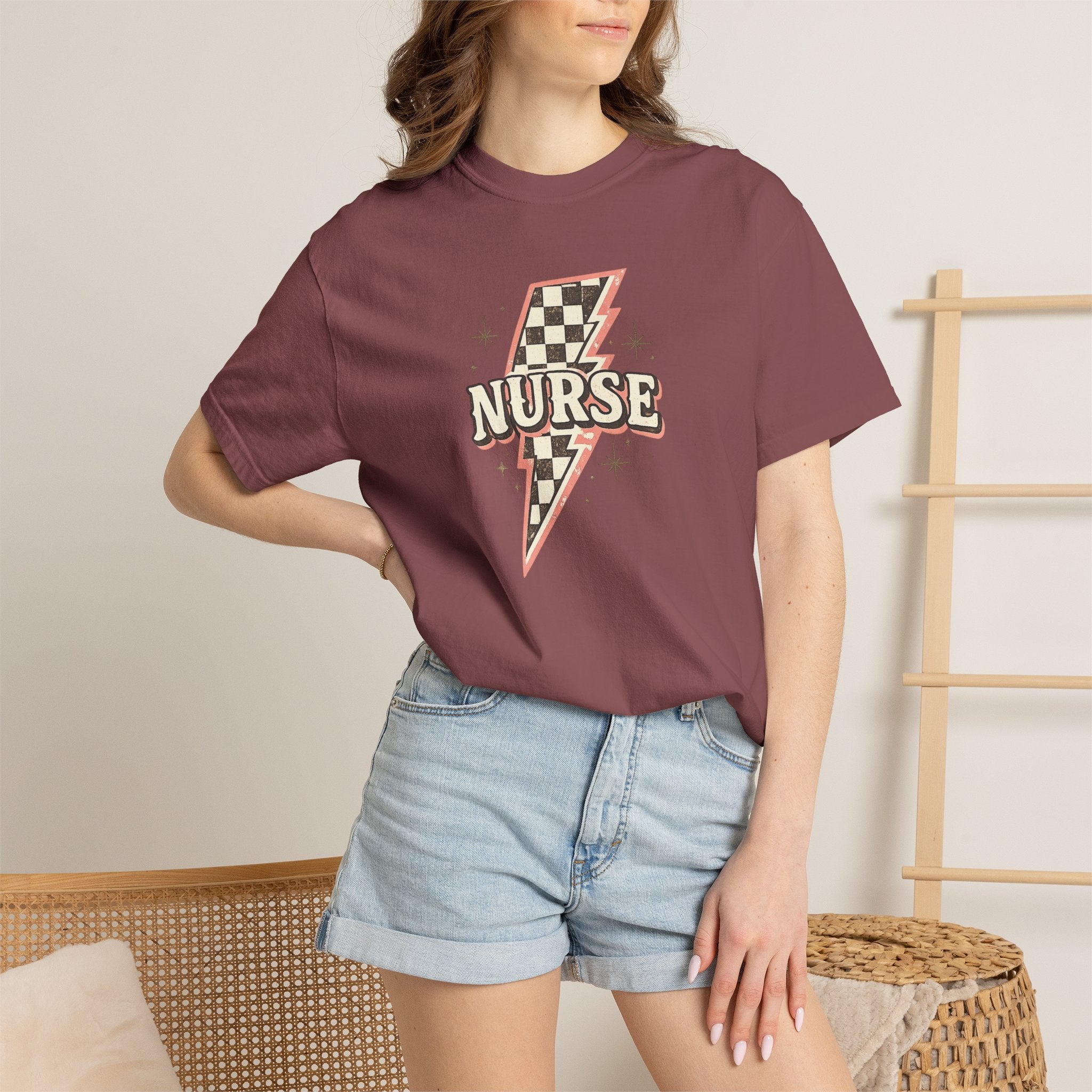 Checkerboard Lightning Nurse T-Shirt | Retro Sparkle Medical Tee