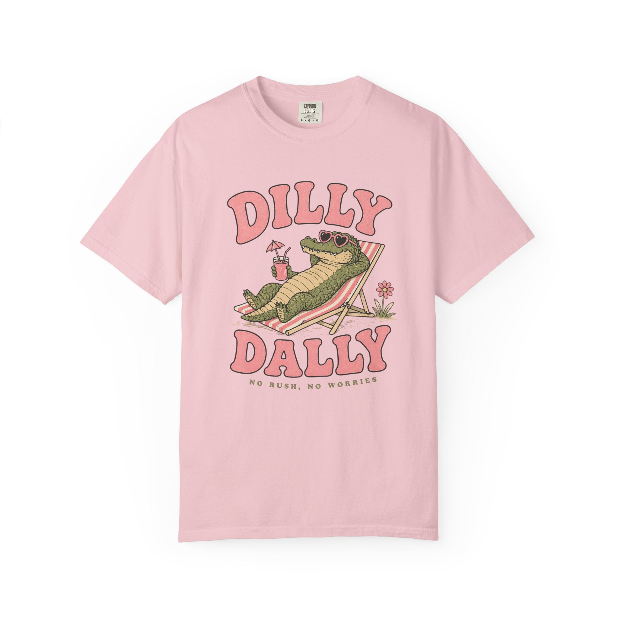 Dilly Dally Alligator Lounge T-shirt | Lazy Summer Palm Drink Graphic