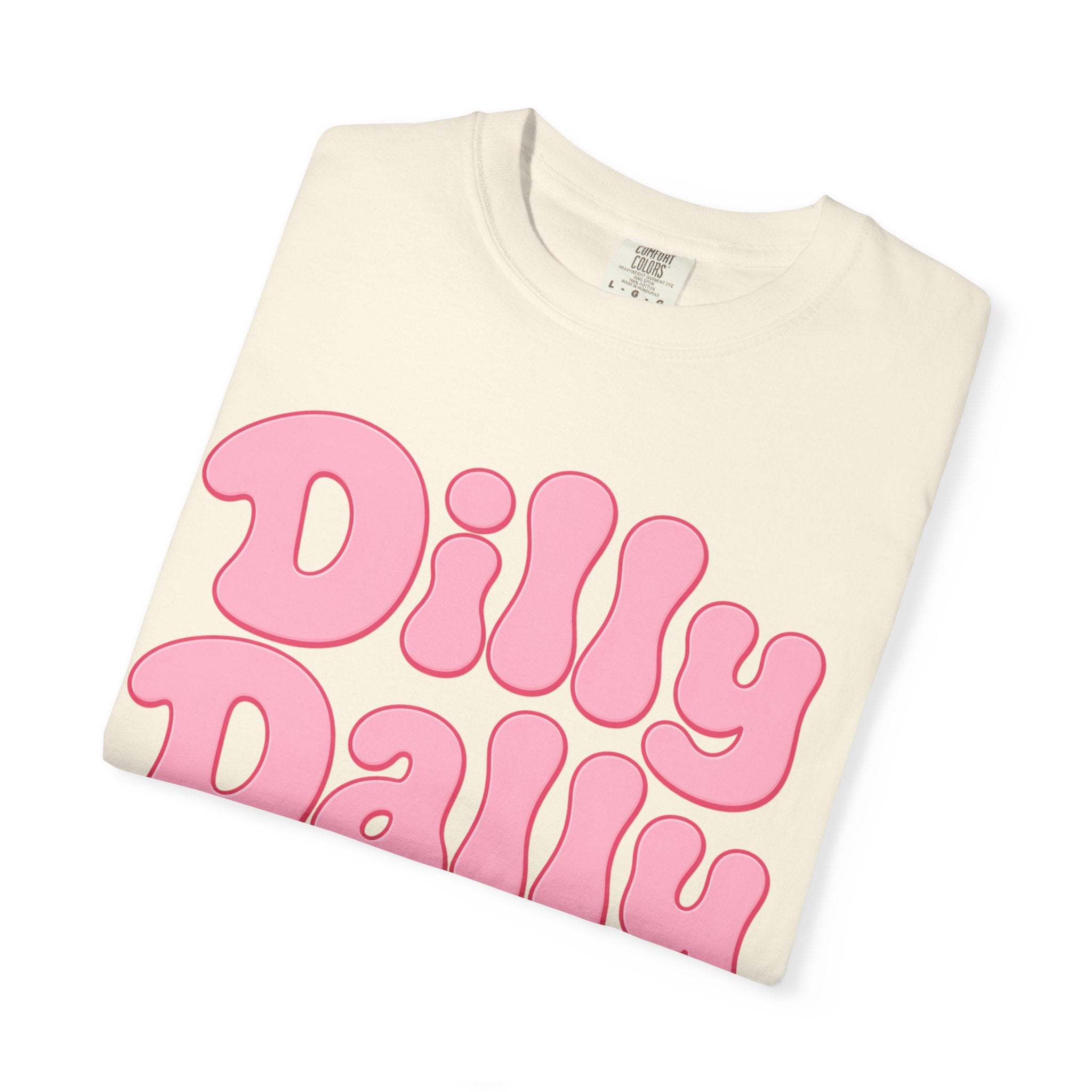 Dilly Dally pink bubble letters T-Shirt | groovy flower retro typography